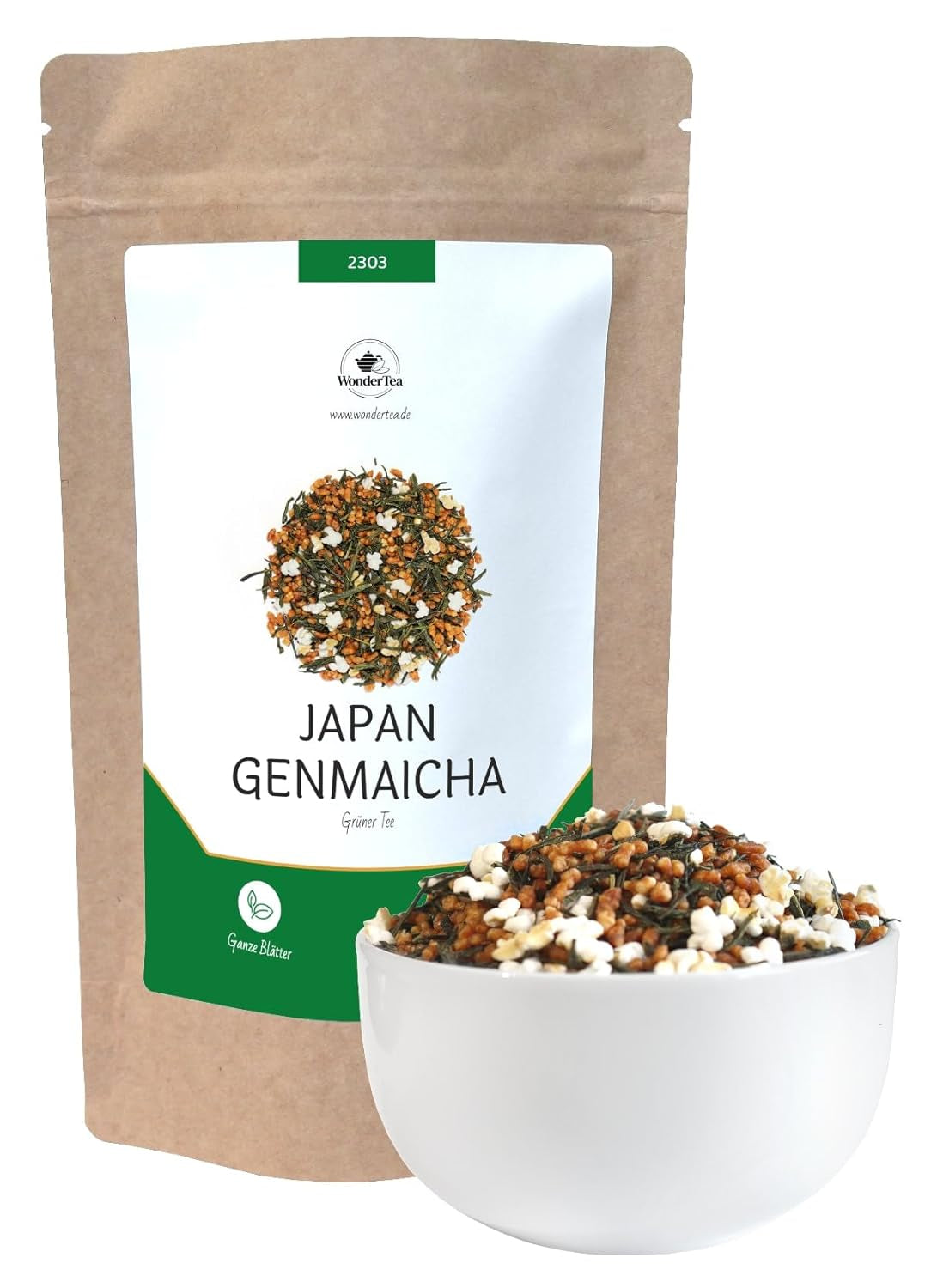 Thé vert japonais Genmaicha avec riz rôti, 50 % Kagoshima Sencha, thé vert en vrac de qualité supérieure, mélange traditionnel, sans arômes ajoutés, 100 g | Wondertea Thé vert japonais Genmaicha