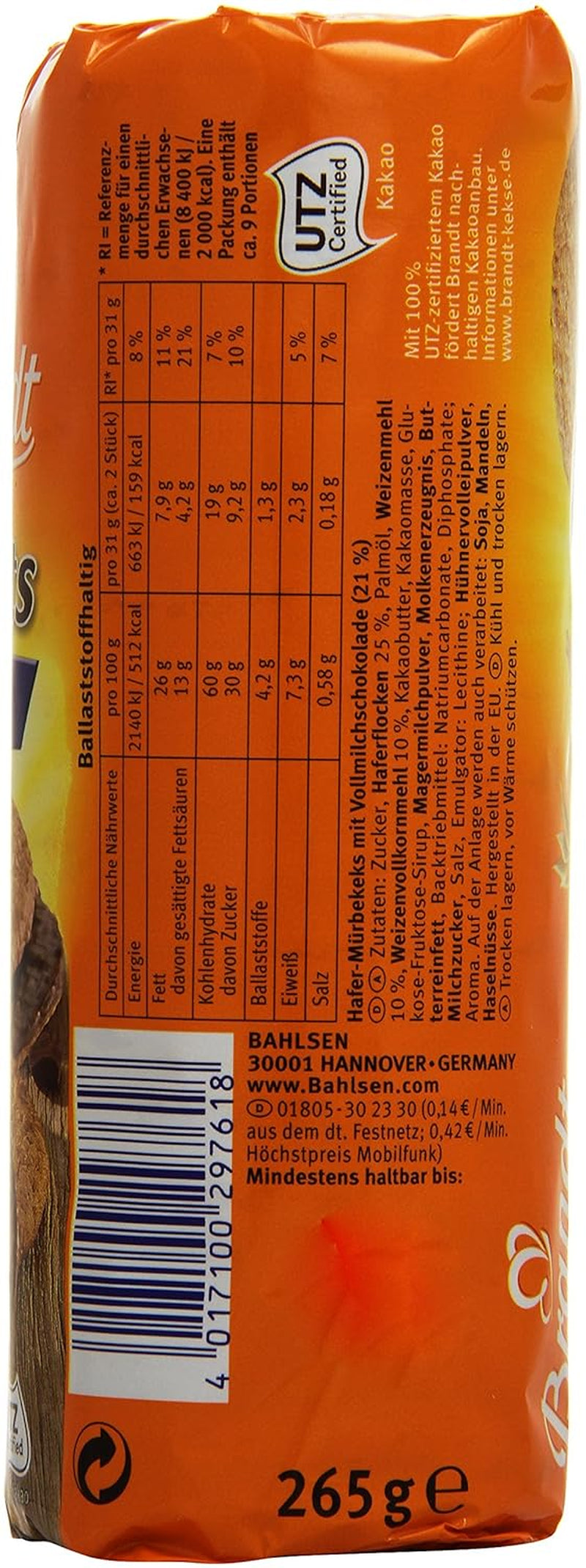 Brandt Hobbits Chocolate 265g Pack - Biscuits croustillants à l'avoine et au chocolat complet - Pâte croustillante pour toute la famille - dans un rouleau de biscuits pratique