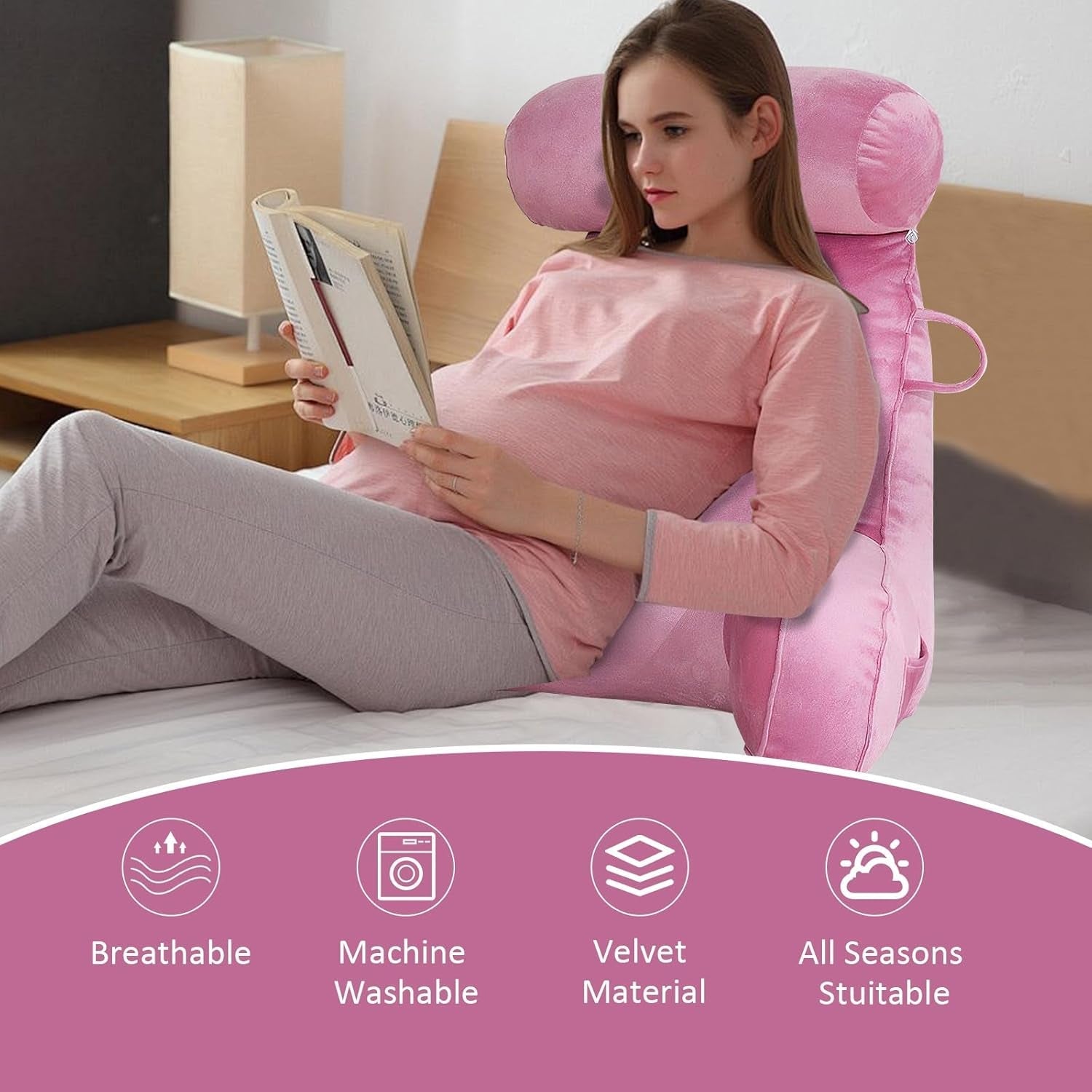Oreiller de lecture XL pour lit et canapé avec tour de cou amovible, oreiller de dos idéal pour adultes avec mousse à mémoire de forme pour lire, travailler, jouer, regarder la télévision, se détendre (rose)