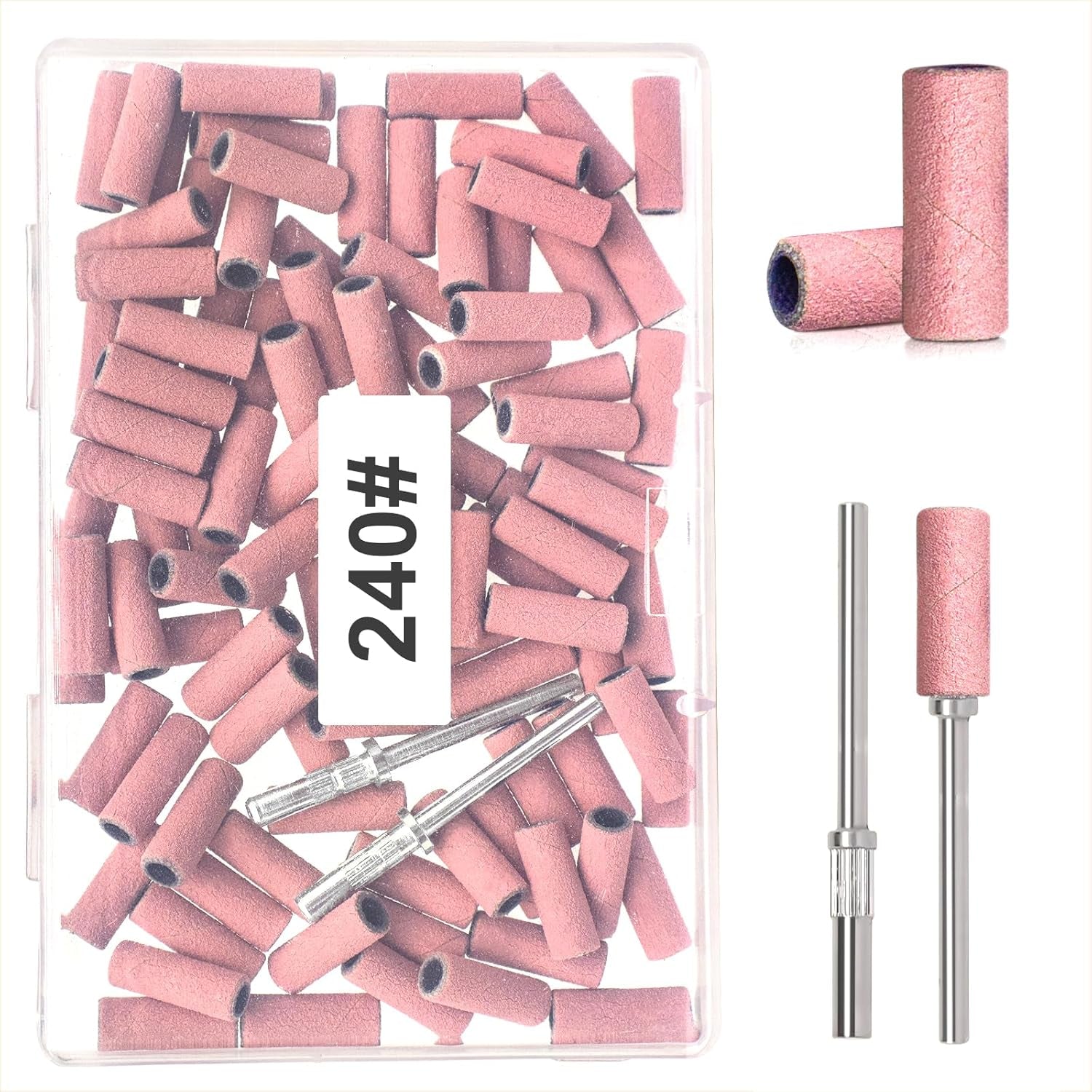 BLESWIN 100 petites bandes abrasives pour forets à ongles, grain fin 240 avec 2 forets de 3 mm, mini bandes abrasives pour polir les ongles naturels et nettoyer les cuticules pour la préparation, rose