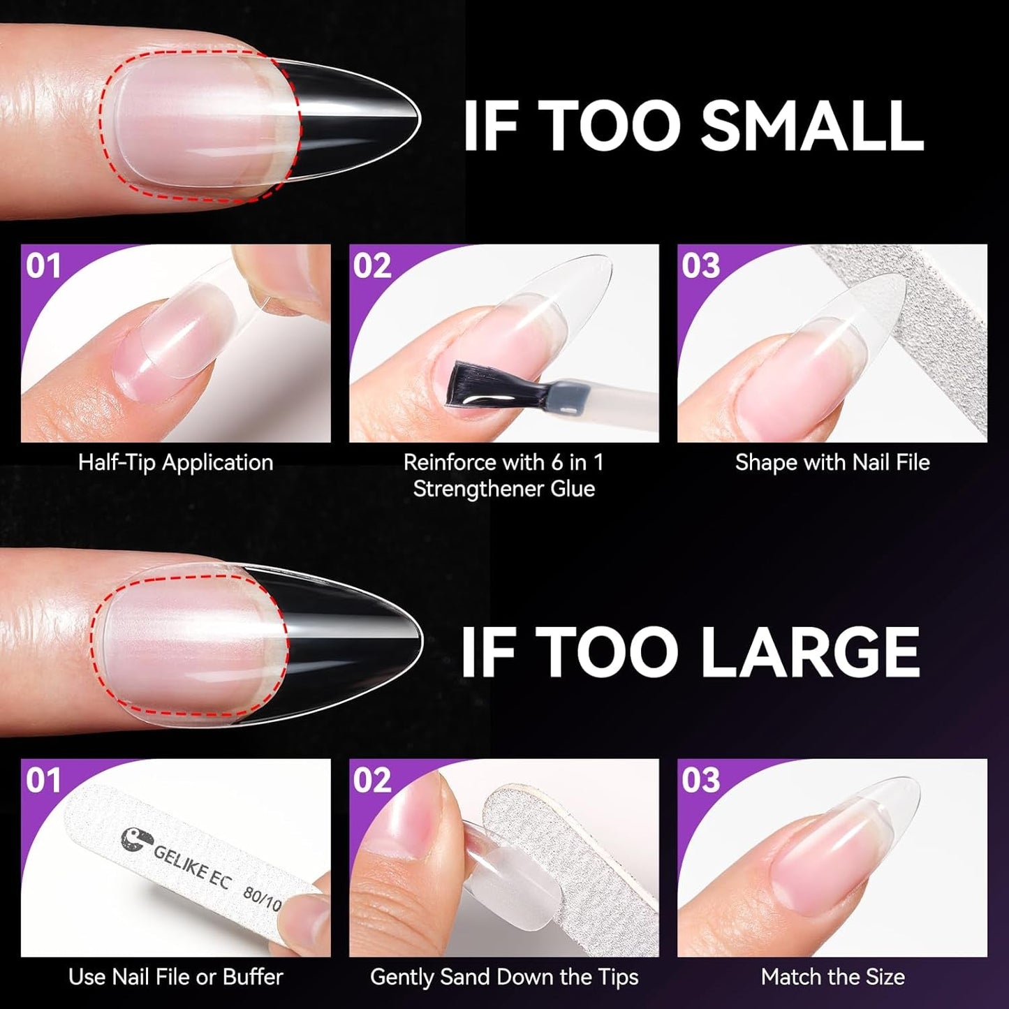 Gelike Ec Ongles courts en amande – Ongles souples à couverture complète, ongles artificiels pré-polis pour extensions d'ongles, studio de manucure à domicile, salon de bricolage, 120 pièces, 12 tailles