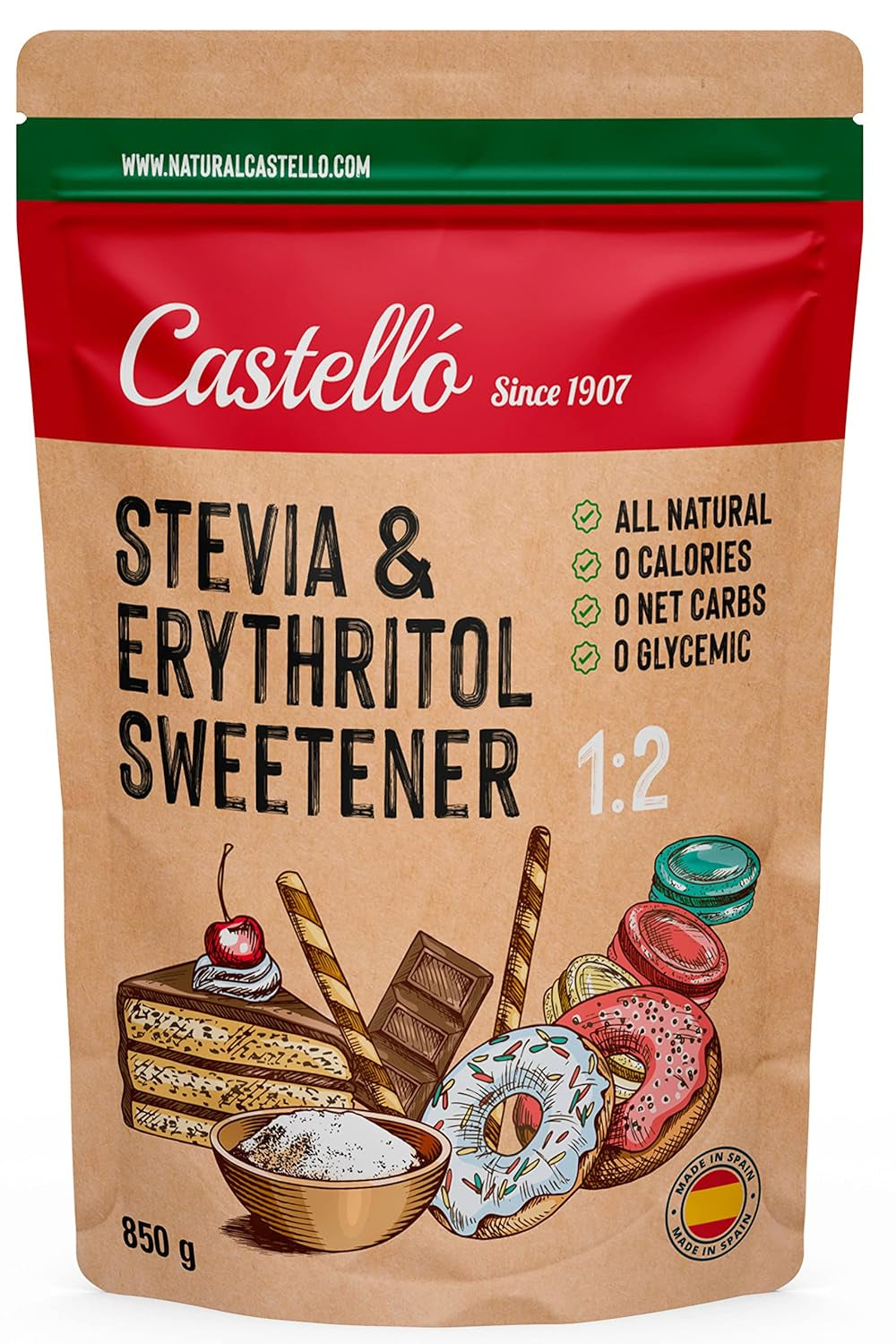 Stevia + Erythritol 1:2 Tissu doux | 1G = 2G Zucker | 100% Natürlicher Zuckerersatz - 0 Calorien - 0 Glykämischer Index - Keto Und Paleo - 0 Netto-Kohlenhydrate - Kein GVO - Castello depuis 1907 - 850 G Édulcorants Naty Shop Default Title