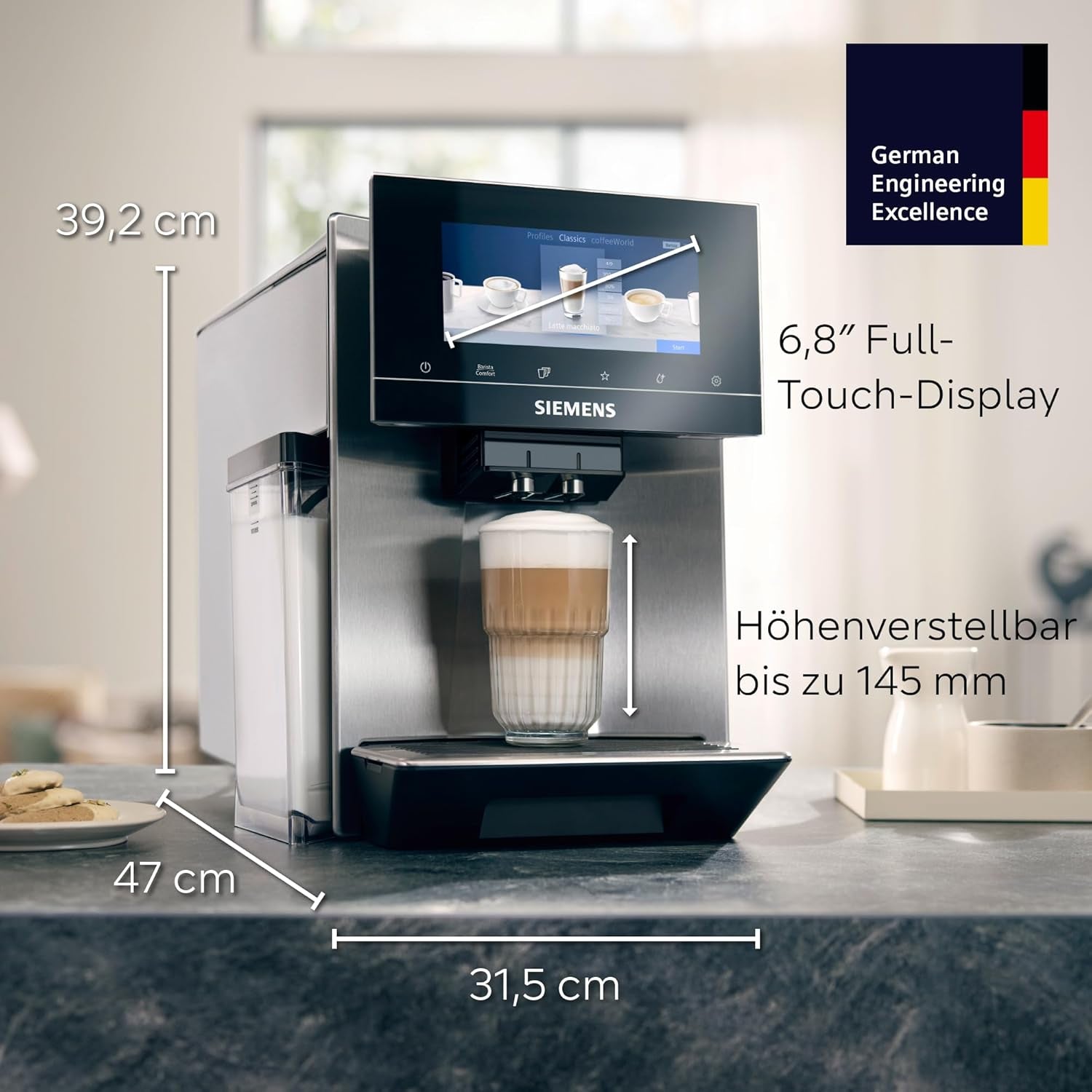 Siemens EQ900 TQ903D03 Machine à expresso automatique, contrôle par application, écran tactile intuitif, mode Barista, AromaBoost, réduction du bruit, broyeur Premium, nettoyage automatique à la vapeur, 1500 W, acier inoxydable