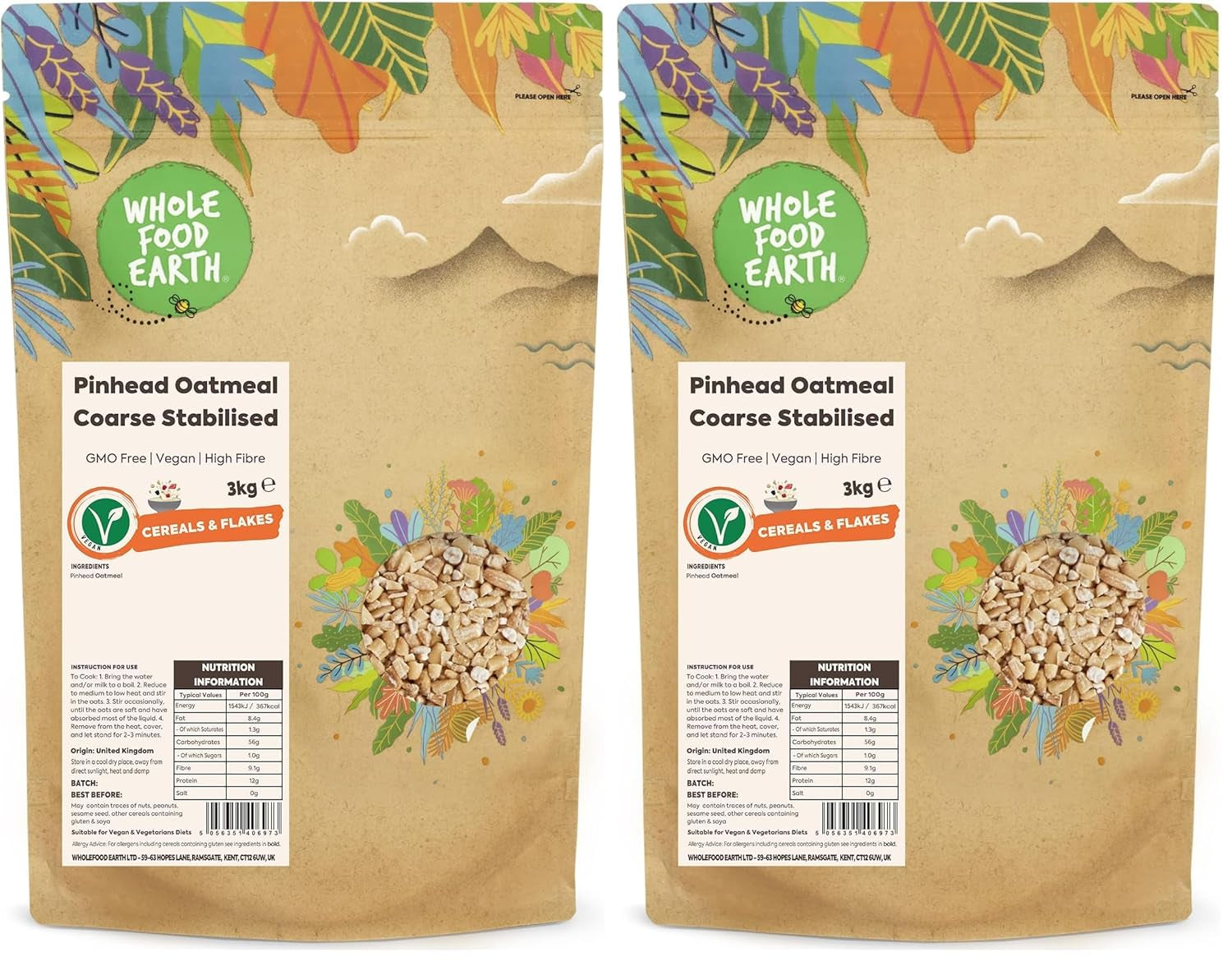 Wholefood Earth Pinhead Gruau grossier stabilisé 3 kg | Sans OGM | Riche en fibres