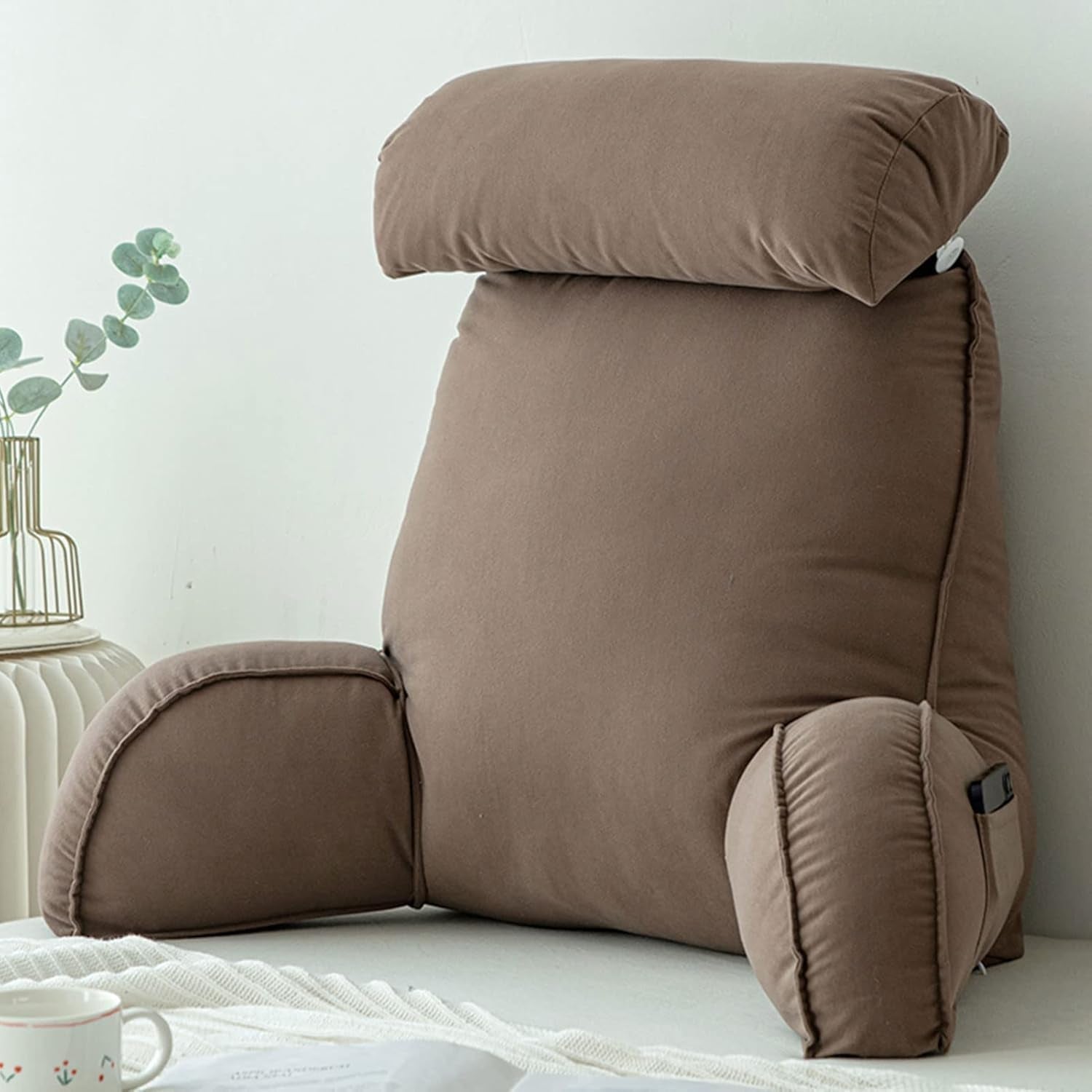 Oreiller de lecture avec accoudoirs, coussin de dossier de canapé, coussin de livre pour lit, avec tour de cou amovible, coussin de soutien de chaise pour se détendre, jouer, lire, regarder la télévision, couleur champagne