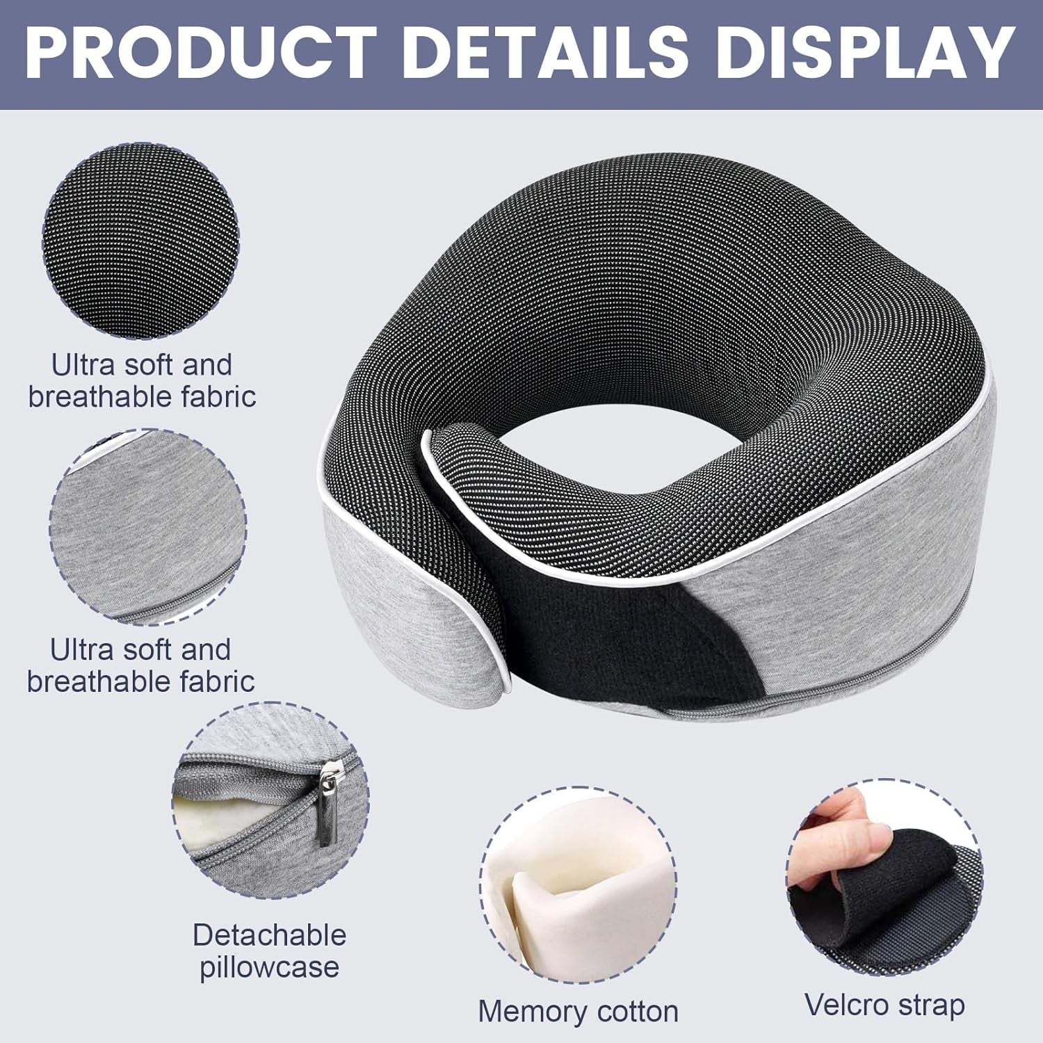 Oreiller cervical Oreiller de voyage en mousse à mémoire de forme Oreiller cervical en mousse à mémoire de forme au design ergonomique avec masque pour les yeux 2 bouchons d'oreille et sac de rangement Parfait pour dormir sur la route en voyage Naty Shop Oreillers orthopédiques cervicaux
