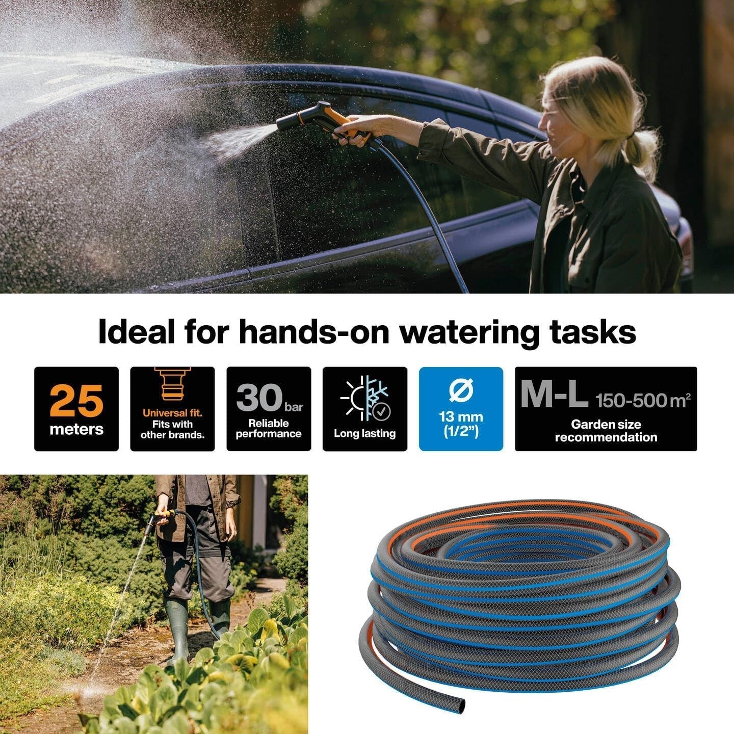 Fiskars ML Tuyau d'arrosage série X Tuyau d'arrosage manuel 13 mm (1/2"), Longueur : 25 m, Raccord universel, Protection UV, Protection contre le gel, Résistant à la torsion, Bleu, 1076045