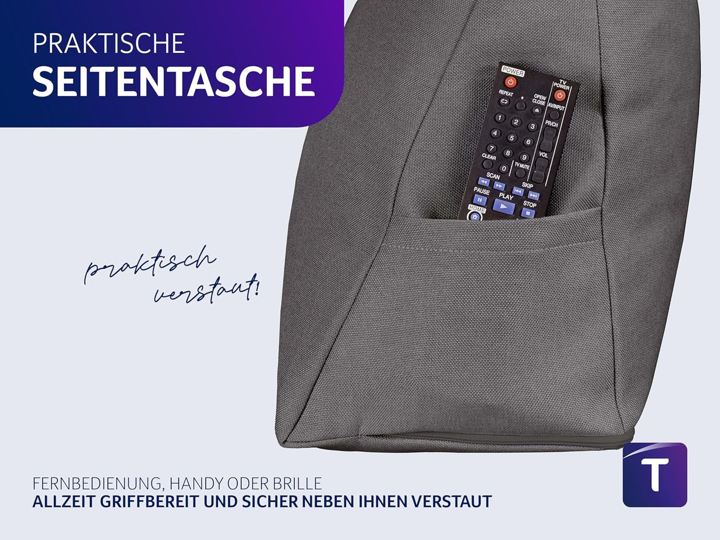 Coussin de lecture Traumnacht Cosy Back Cushion, 70 x 40 cm, gris foncé, housse amovible et lavable en 100 % polyester, poche latérale pratique, certifié Oeko-Tex, produit selon les normes de qualité allemandes.