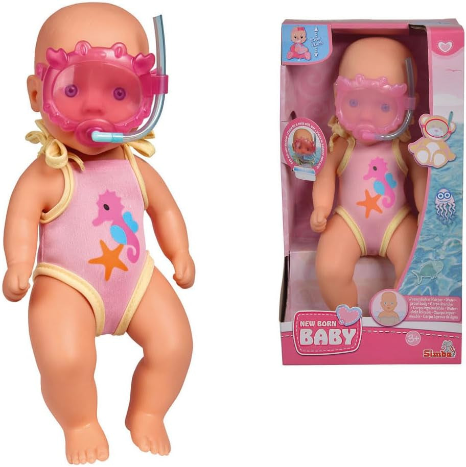 Simba 105030172 - Poupée de bain nouveau-né, poupée en vinyle en maillot de bain avec lunettes de natation, 30 cm, poupée, 3 ans et plus Poupées Naty Shop