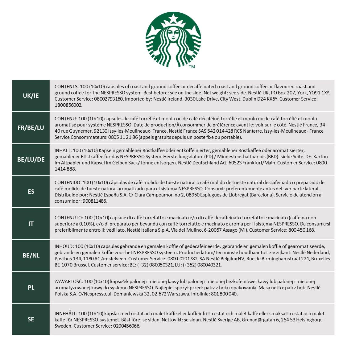 STARBUCKS Caffé Verona de Nespresso, torréfaction foncée, Kaffeekapseln 10 x 10 (100 Kapseln)