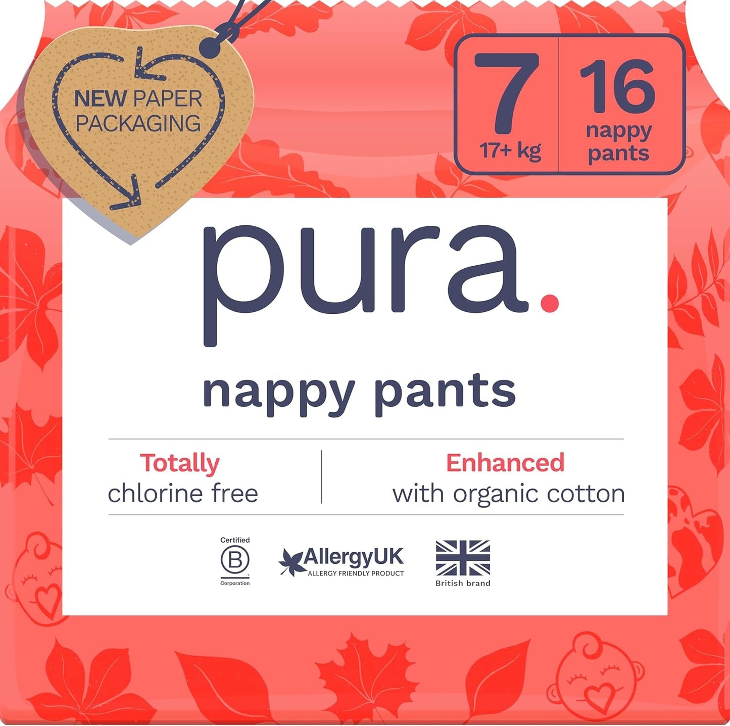 Culottes écologiques, taille 7 (17 kg +), 16 pièces, sous-vêtements jetables pour peaux sensibles et allergiques, sans parfum, tirage latéral