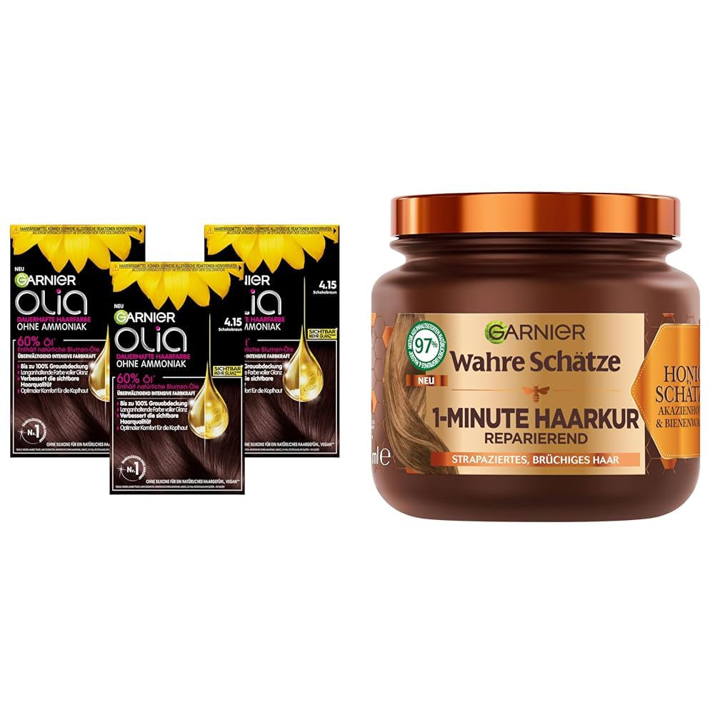 Garnier Olia Hair Color 6.0 Châtain Clair + True Treasures Repair Treatment (340 ml) pour cheveux abîmés - coloration sans ammoniaque, huiles naturelles, couverture des cheveux gris, miel et cire d'abeille, moins de casse des cheveux Naty Shop Hair Color 3X Hair Color + Repair Treatment
