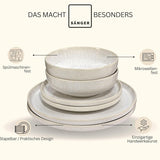 SANGER | Service de table Corfou 24 pièces, service de table pour 8 personnes, service de table en céramique fait à la main, comprenant assiettes à dîner, assiettes à dessert et assiettes Suma, vaisselle crème avec texture sable