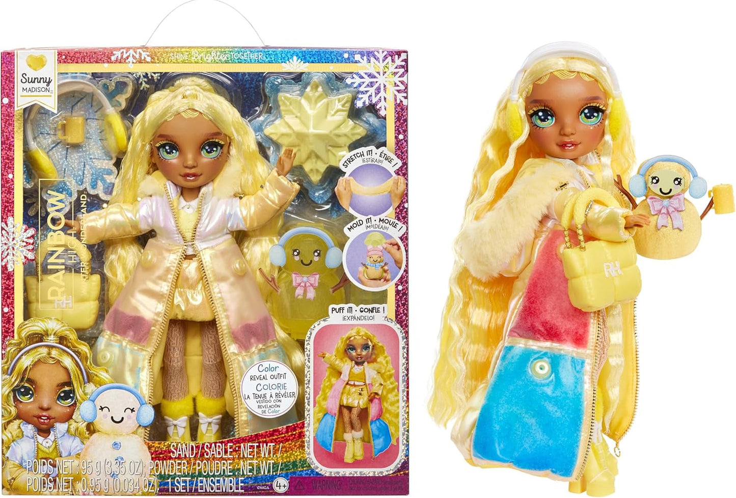 Rainbow High Winter Wonderland - Skyler (Bleu) - Poupée mannequin de neige à accumulation d'eau magique cachée de 28 cm avec ensemble de bonhomme de neige, convient aux enfants de 4 à 12 ans et aux collectionneurs Naty Shop Sunny Dolls (Jaune)