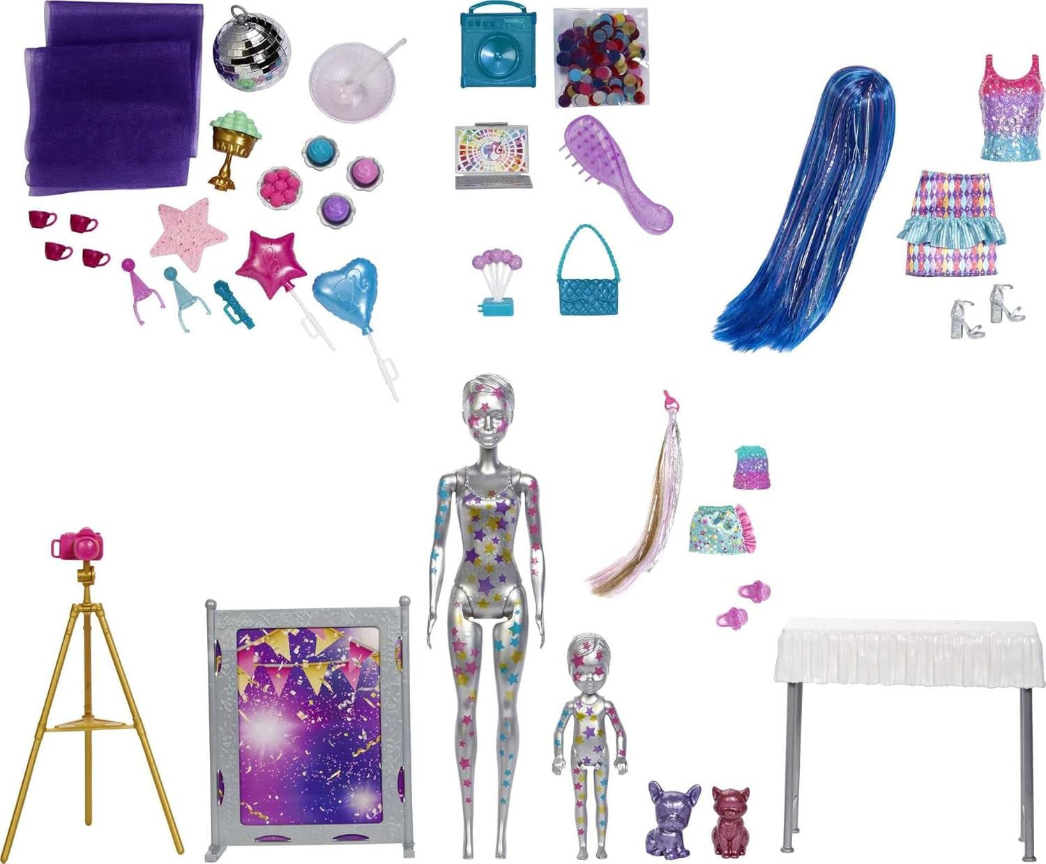 Barbie GXJ88 - Fête surprise de révélation de couleurs, +50 surprises : 1 poupée, 1 poupée Chelsea, 2 animaux, 6 changements de couleur, accessoires et plus encore, ensemble de soirée dansante, cadeau jouet pour enfants de 3 ans et plus