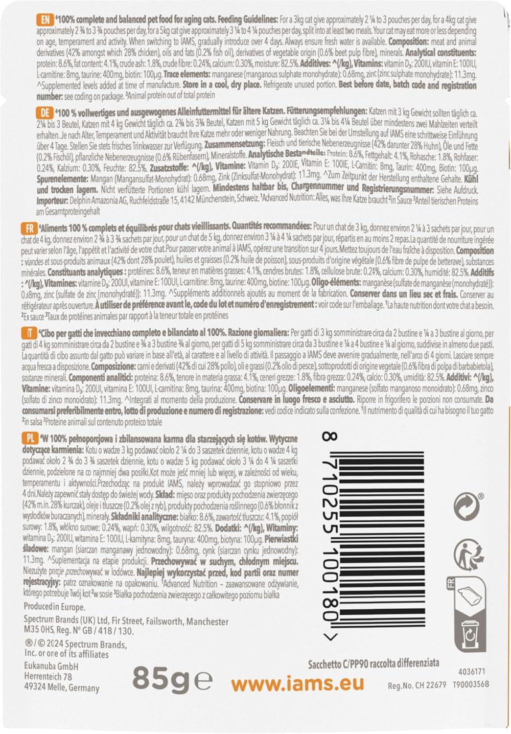 IAMS Delights Nourriture humide pour chat au poulet en sauce pour chats seniors de 7 ans et plus - Format essai, sachet individuel, 1 x 85 g