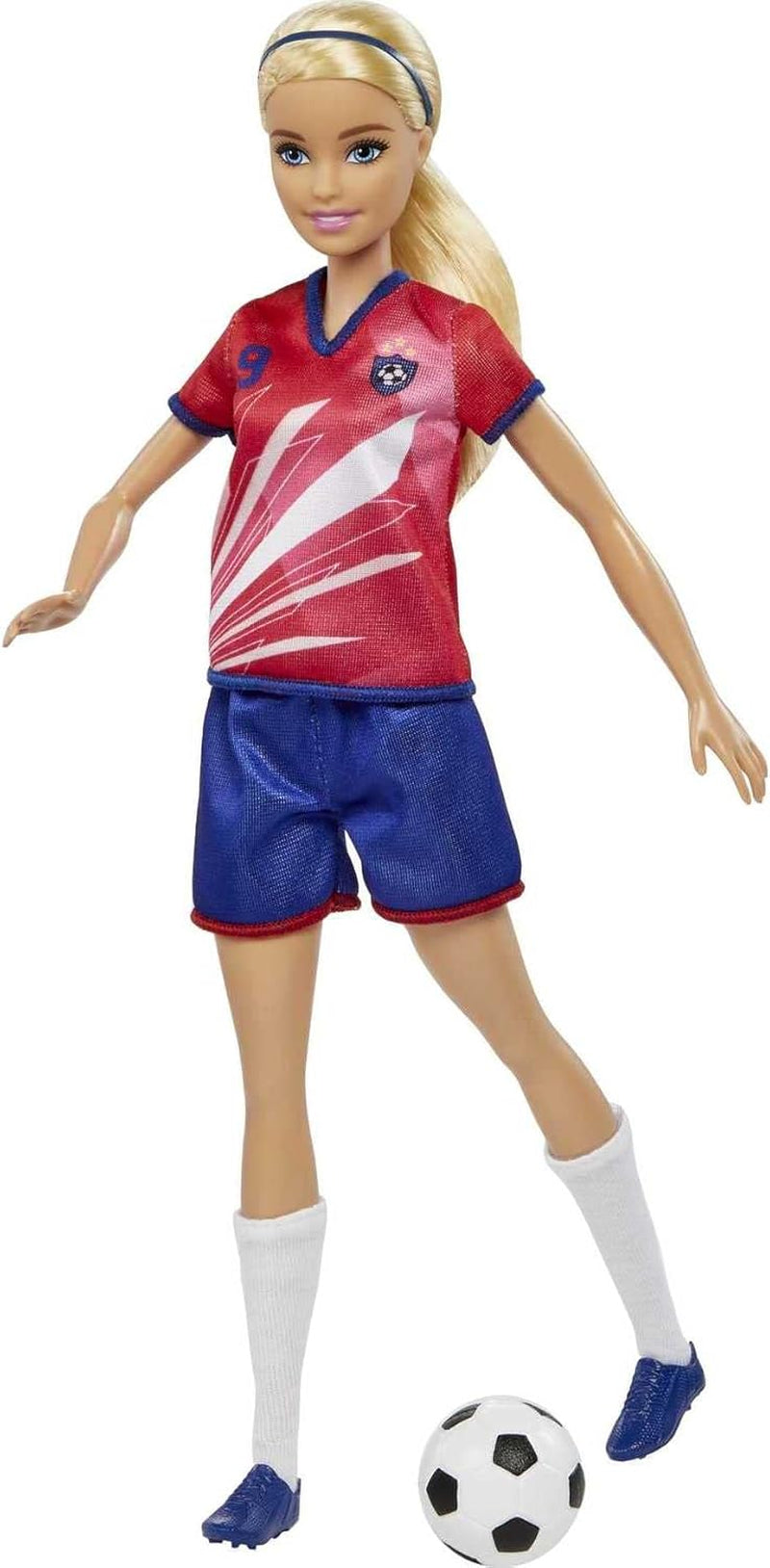 Barbie Série You Can Be Anything, Joueur de football, Joueur de football aux cheveux blonds, Maillot rouge et bleu, Ballon, Accessoires, Poupée incluse, Cadeau à partir de 3 ans, HCN17