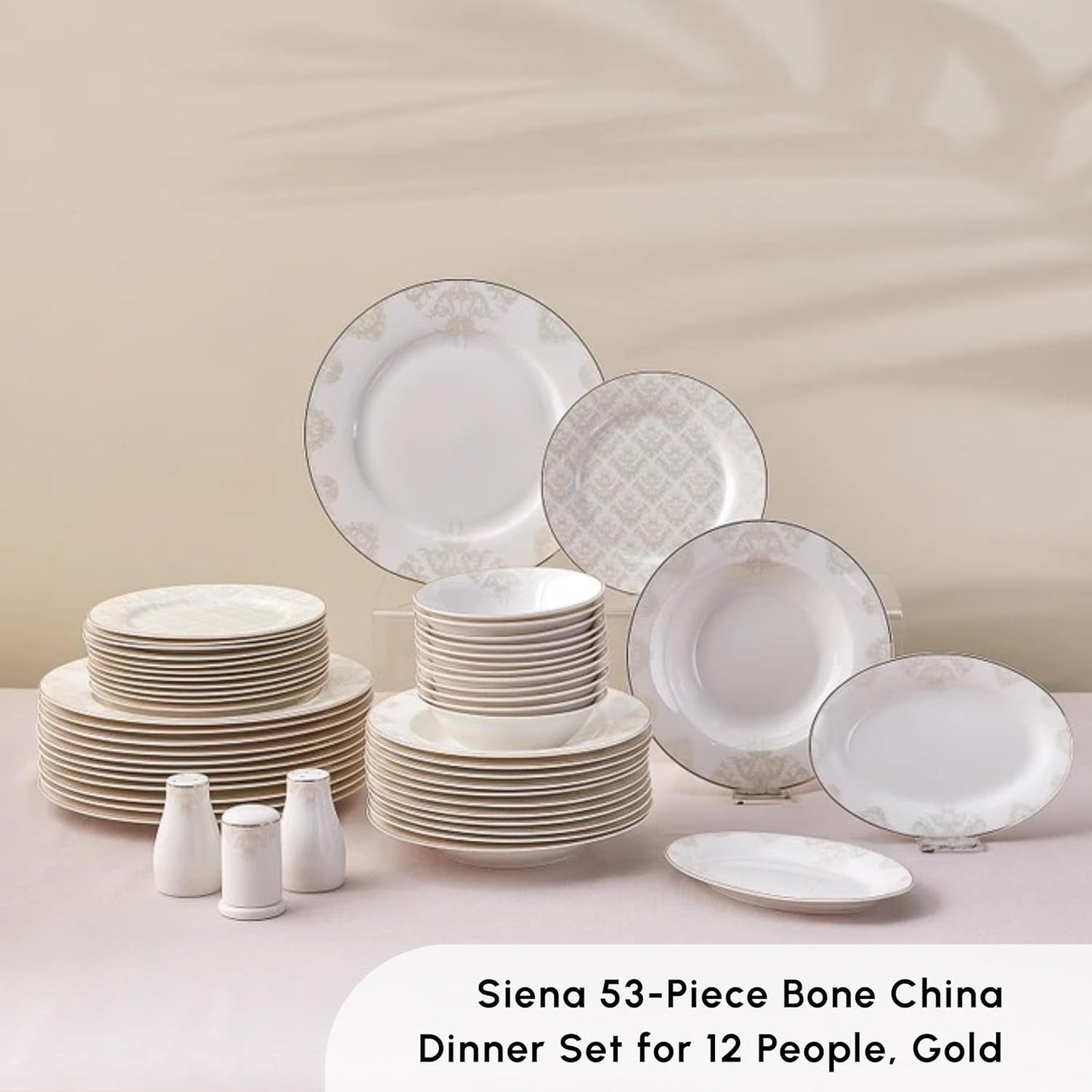 Karaca Elegance Bone Siena Service de table pour 12 personnes, service de table moderne en porcelaine, service de table avec bols à soupe, plateau de service, assiettes creuses, assiettes à dessert – Blanc et doré