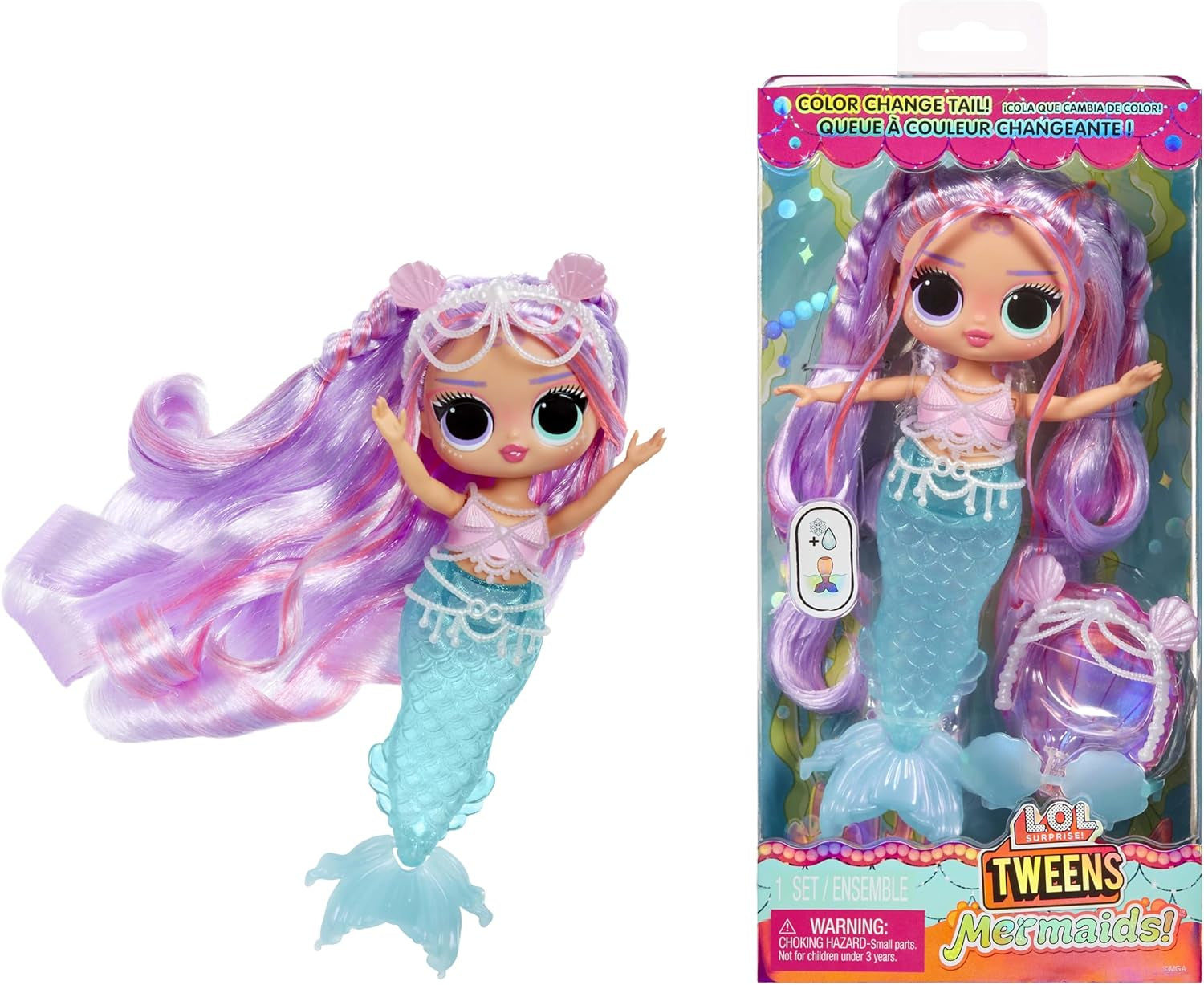 L.O.L. Surprendre! Tweens - Sirène Lola Waves - poupée mannequin avec queue qui change de couleur, aileron mobile et beaux accessoires - jouet pour enfants et collectionneurs à partir de 4 ans Naty Shop Dolls Lana Marine