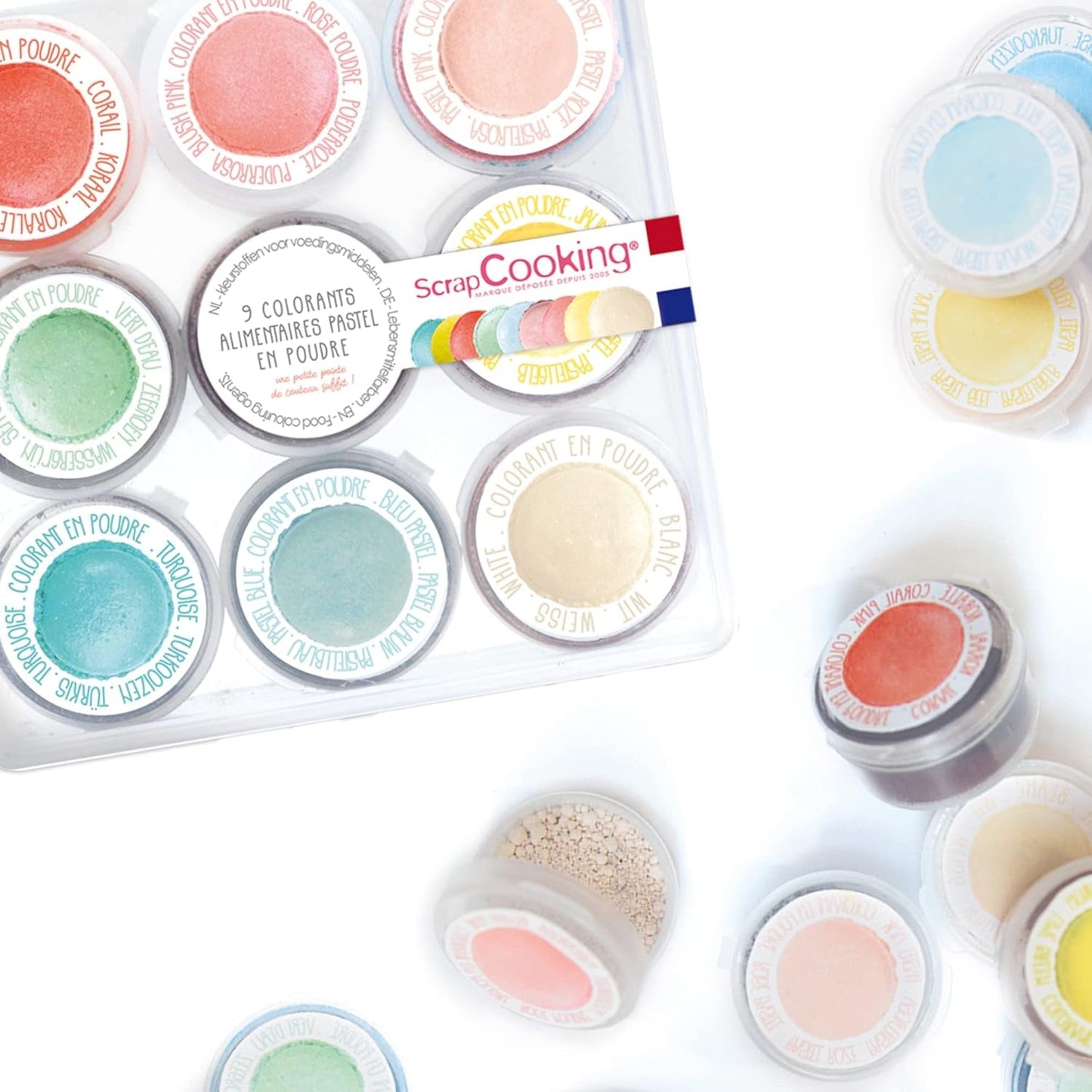 Scrapcooking - Lot de 9 colorants alimentaires pastel - Bleu, Jaune, Corail, Rose, Turquoise, Vert Anis, Blanc, Vert Aqua, Rose Poudré - Poudre colorante comestible pour gâteaux, muffins, macarons - 4272