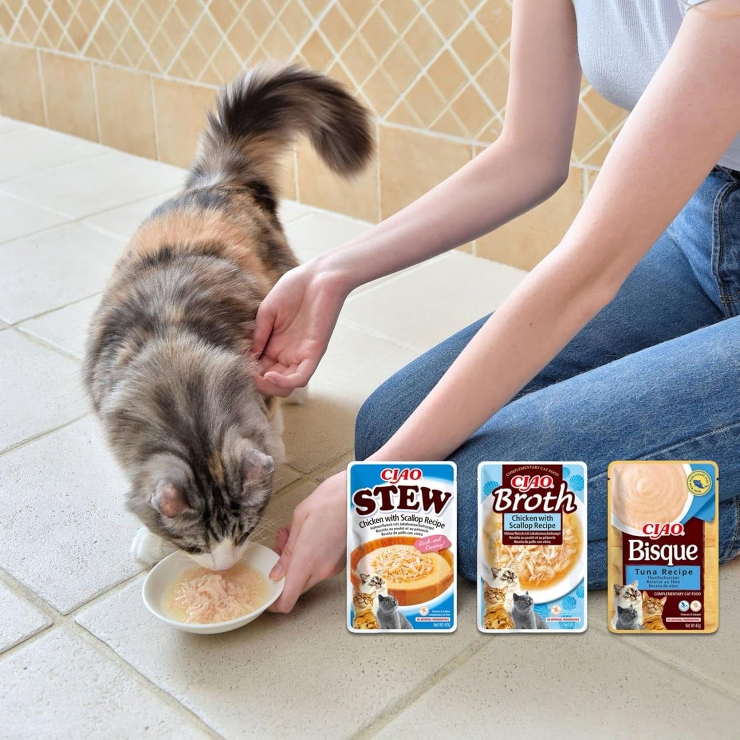 INABA Ciao Broth Nourriture humide pour chats 88% d'humidité et vitamine E, soupe premium pour chats au poulet 40g (paquet de 12), viande 100% naturelle, sans céréales, sans sucre