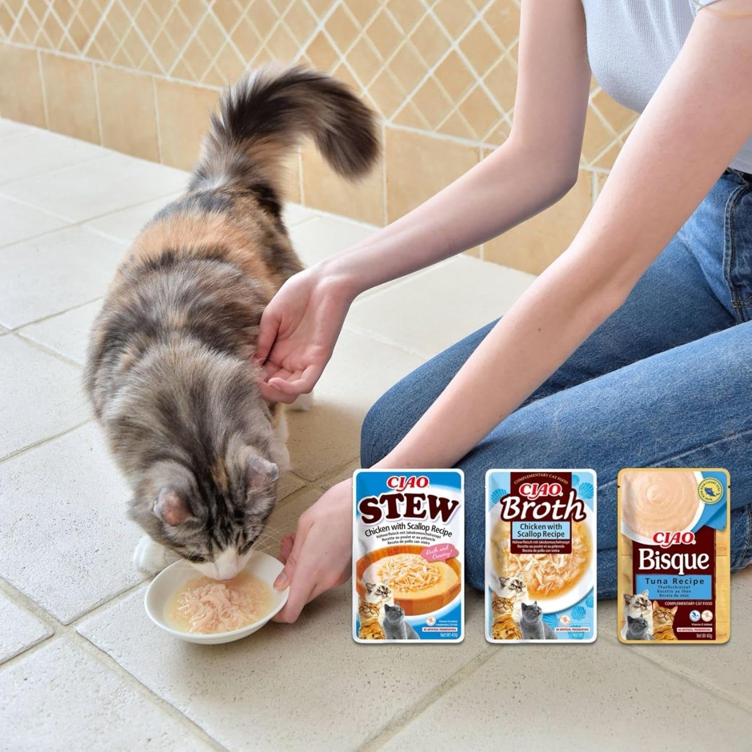 INABA Ciao Broth Nourriture humide pour chats 88% d'humidité et vitamine E, soupe premium pour chats au poulet 40g (paquet de 12), viande 100% naturelle, sans céréales, sans sucre