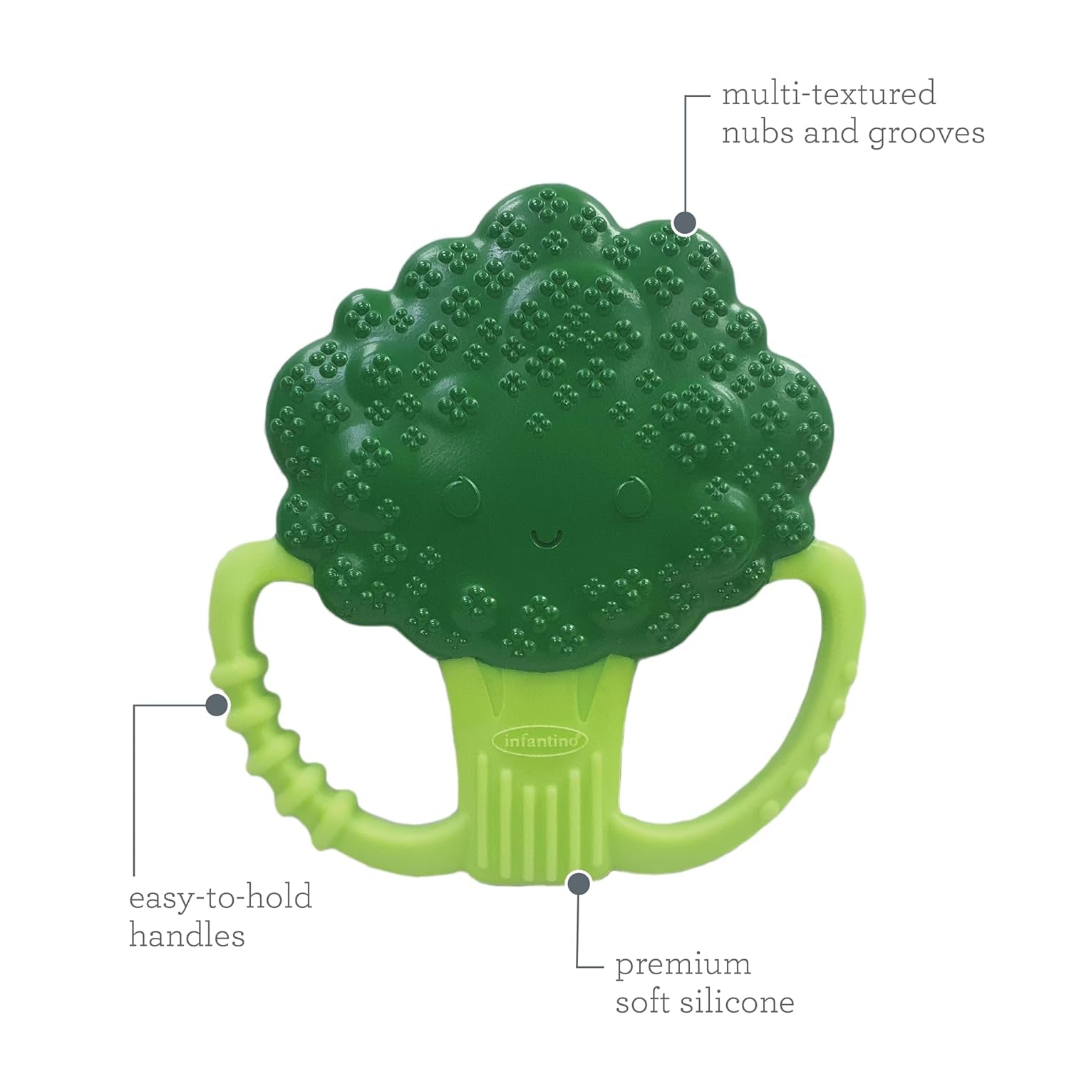 Infantino Lil' Nibbles, anneau de dentition en silicone texturé, jouet de dentition pour bébé sans BPA, doux, facile à tenir, stimulation sensorielle pour nourrissons, brocoli