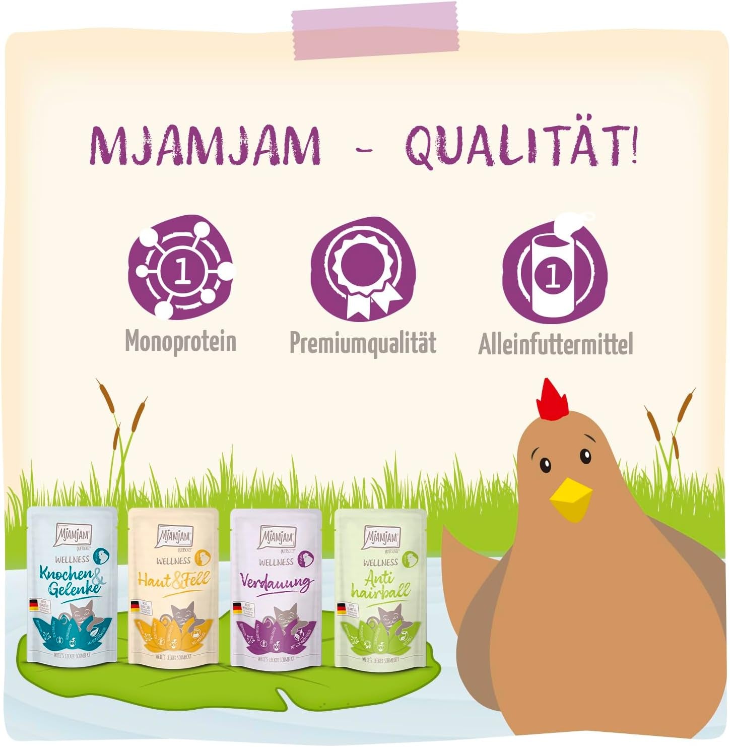 MjAMjAM - Nourriture humide de qualité supérieure pour chats - Pack bien-être au poulet 12 paquets (12 x 125 g) sans céréales avec viande supplémentaire