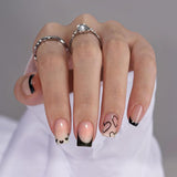 Faux ongles à pointe française carrée courte, 24 pièces, Design cœur blanc, ongles noirs en acrylique, couverture complète