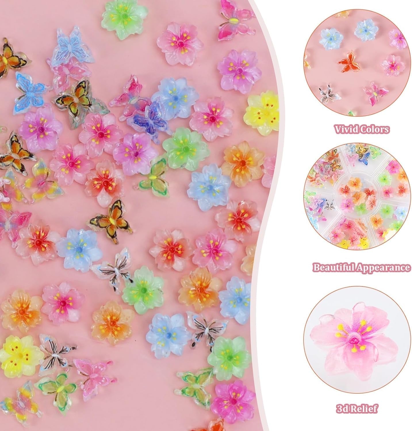 YICH Nail Charms Nägel Charms 50Pcs Fleurs 3D + 50Pcs 3D Schmetterling, Summer Nägel Deko Set Schmetterling/Fleurs Nail Art Nailart