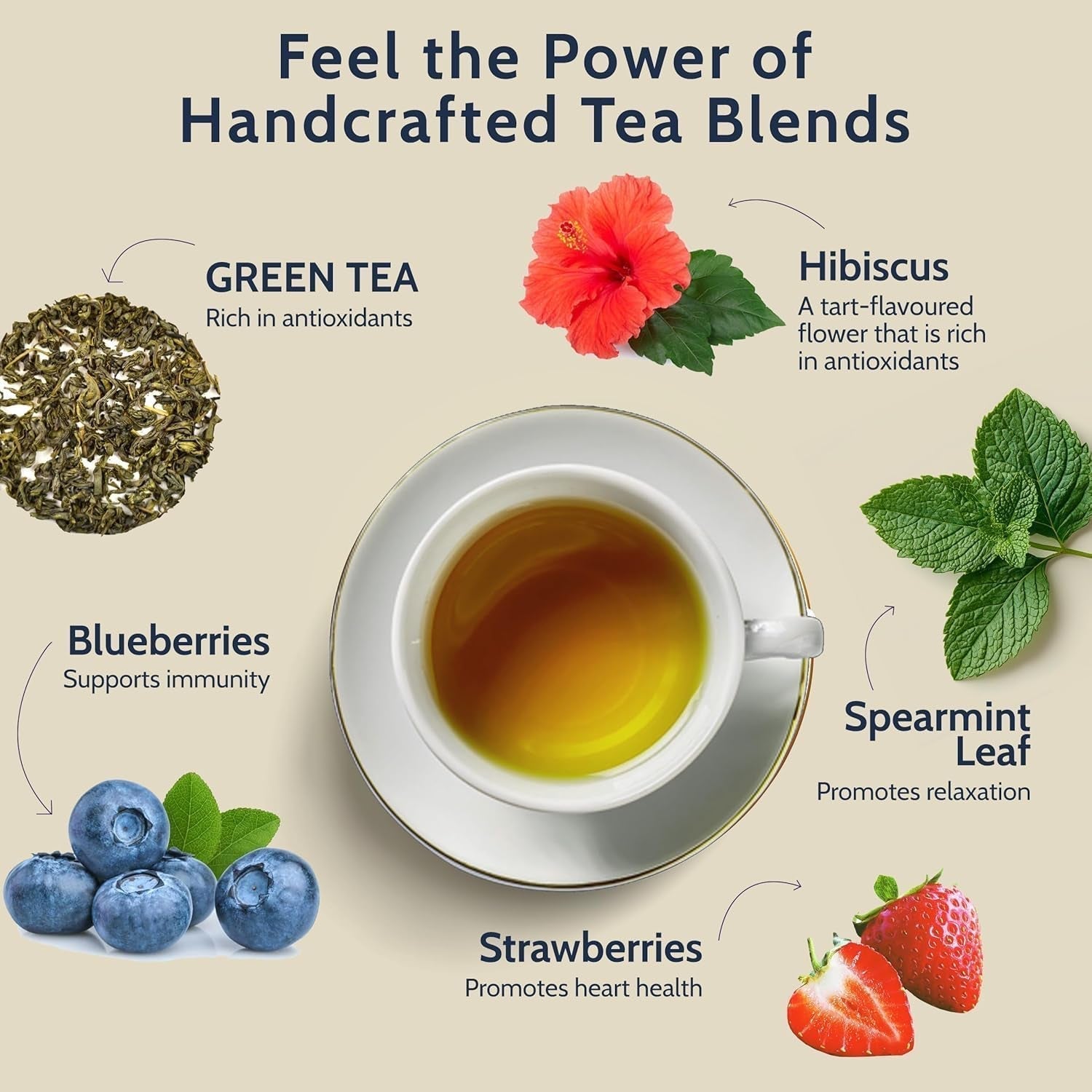 Sachets de thé vert Blooms & Leopard Premium – Mélange de baies boréales avec hibiscus, myrtille, fraise et menthe verte – 20 sachets de thé pyramidaux pour thé chaud ou froid
