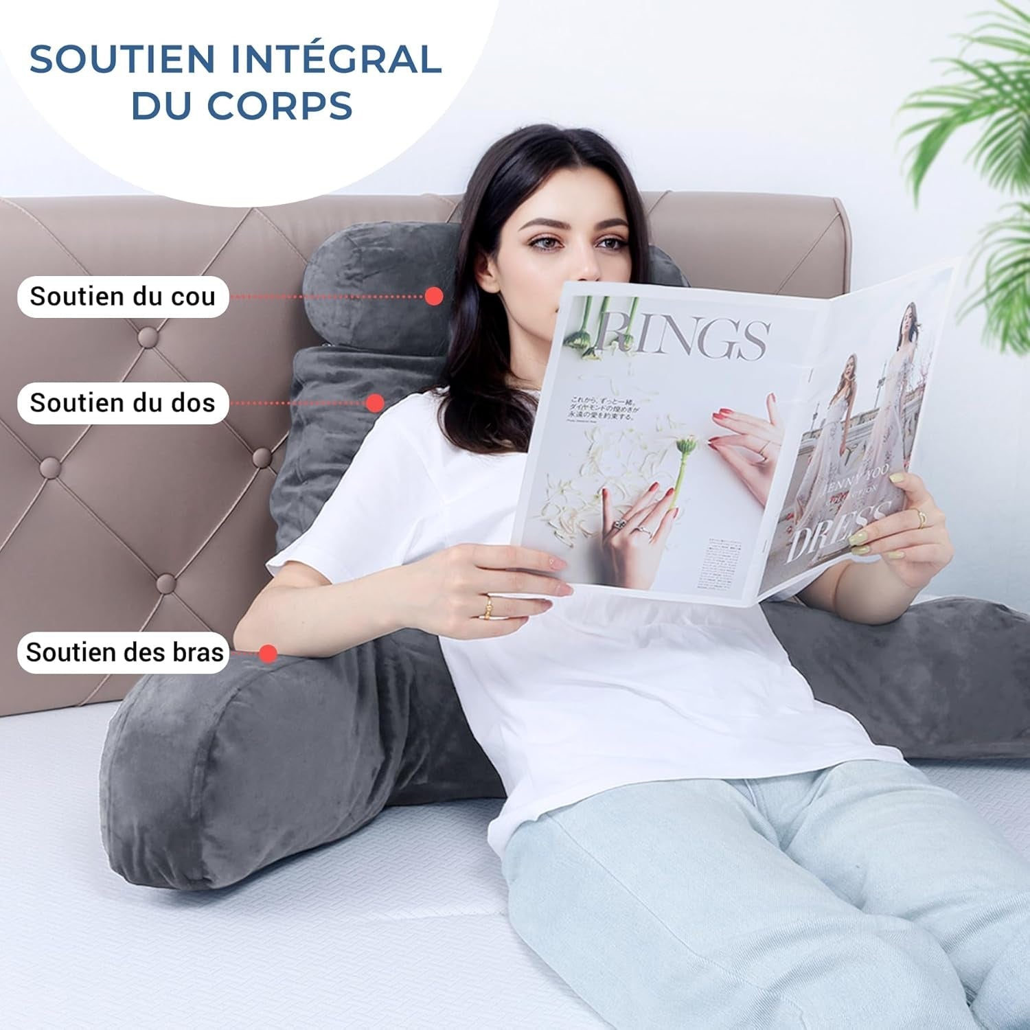 Oreiller de lecture ergonomique INFANTIA avec accoudoirs, support dorsal, grand, gris