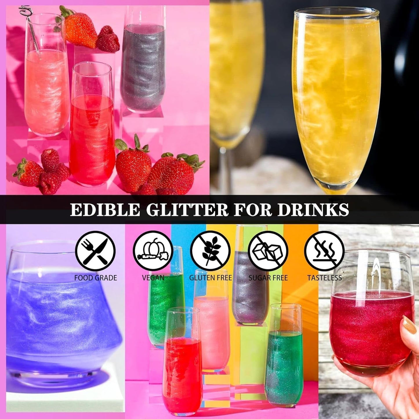 Paillettes comestibles – 4 couleurs de poudre de paillettes comestibles, poudre de paillettes pour boissons, aliments, gâteaux – poudre colorante alimentaire métallique comestible pour la pâtisserie, cocktails – 5 g/bouteille