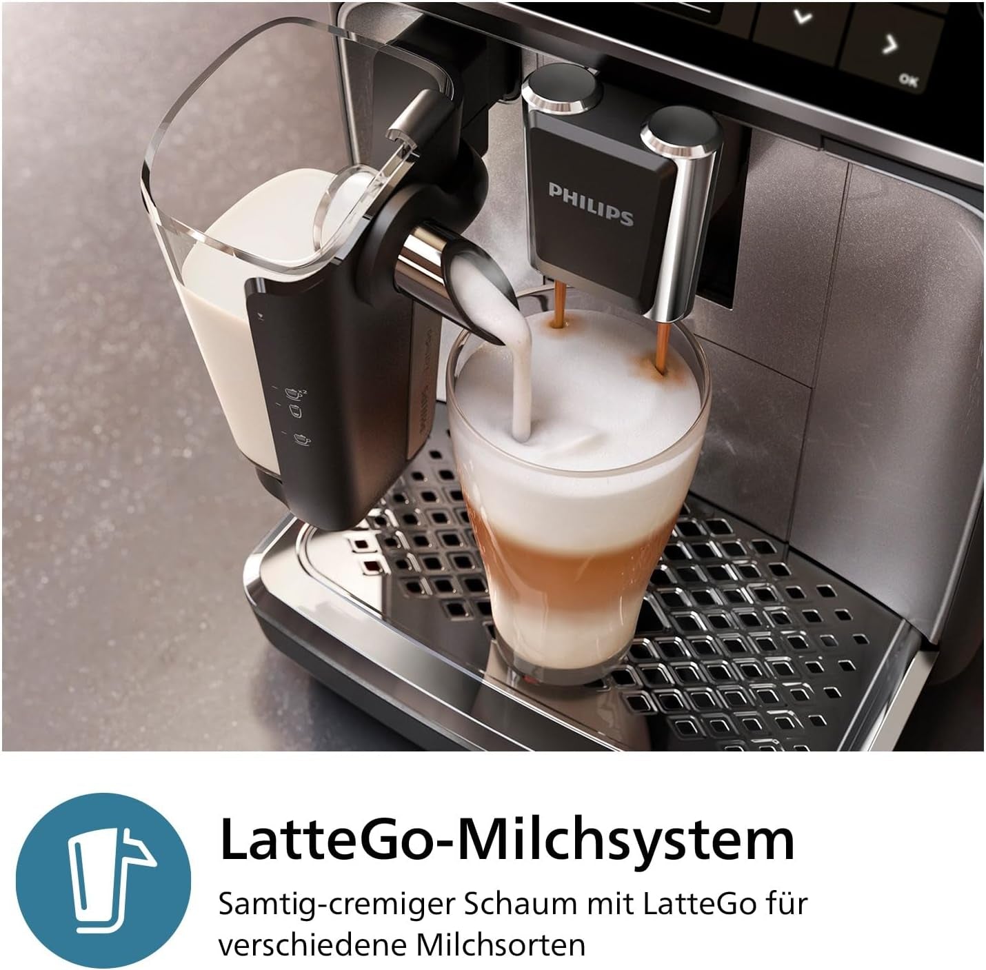Machine à expresso automatique PHILIPS série 3300 - 6 boissons, écran tactile couleur moderne, système de préparation de lait LatteGo, SilentBrew, moulin 100% céramique, filtre AquaClean. Chromé noir (EP3347/90)