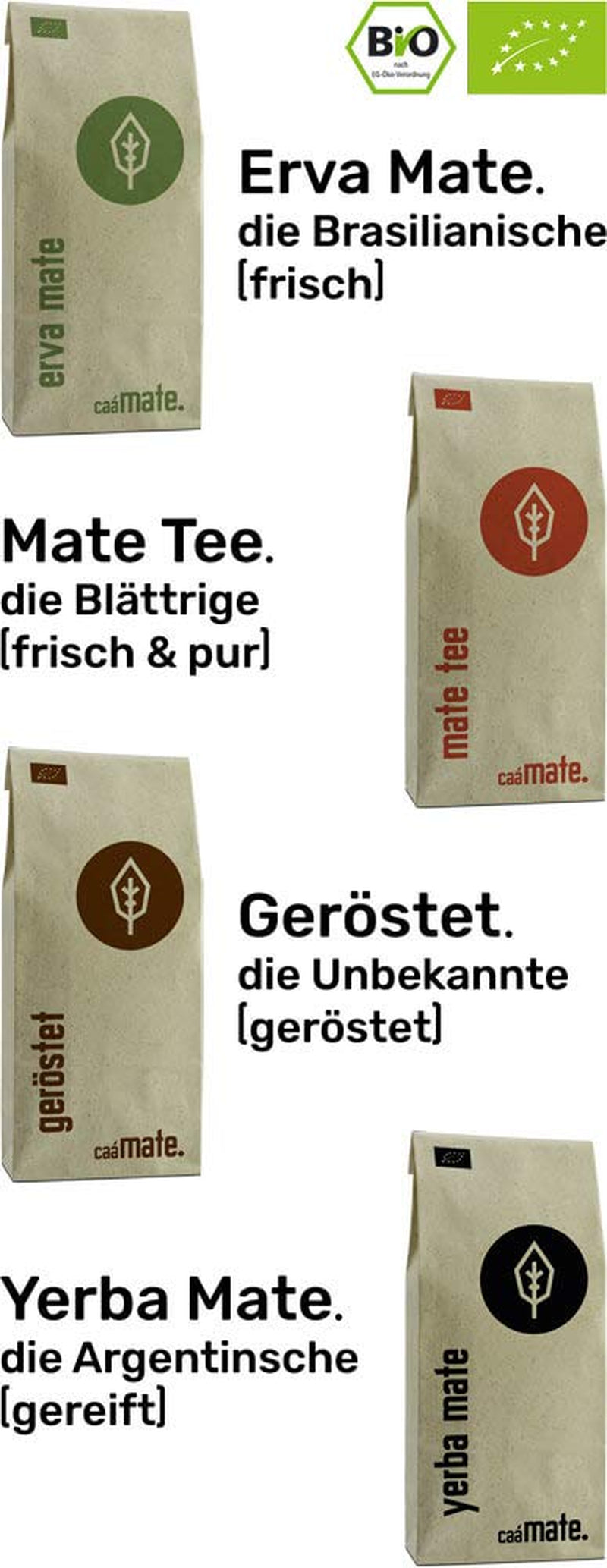 Coffret de dégustation de thé Mate ● 4 variétés de thé Mate biologique ● 100 g chacune Erva Mate + Yerba Mate + Thé vert Mate + Thé Mate torréfié