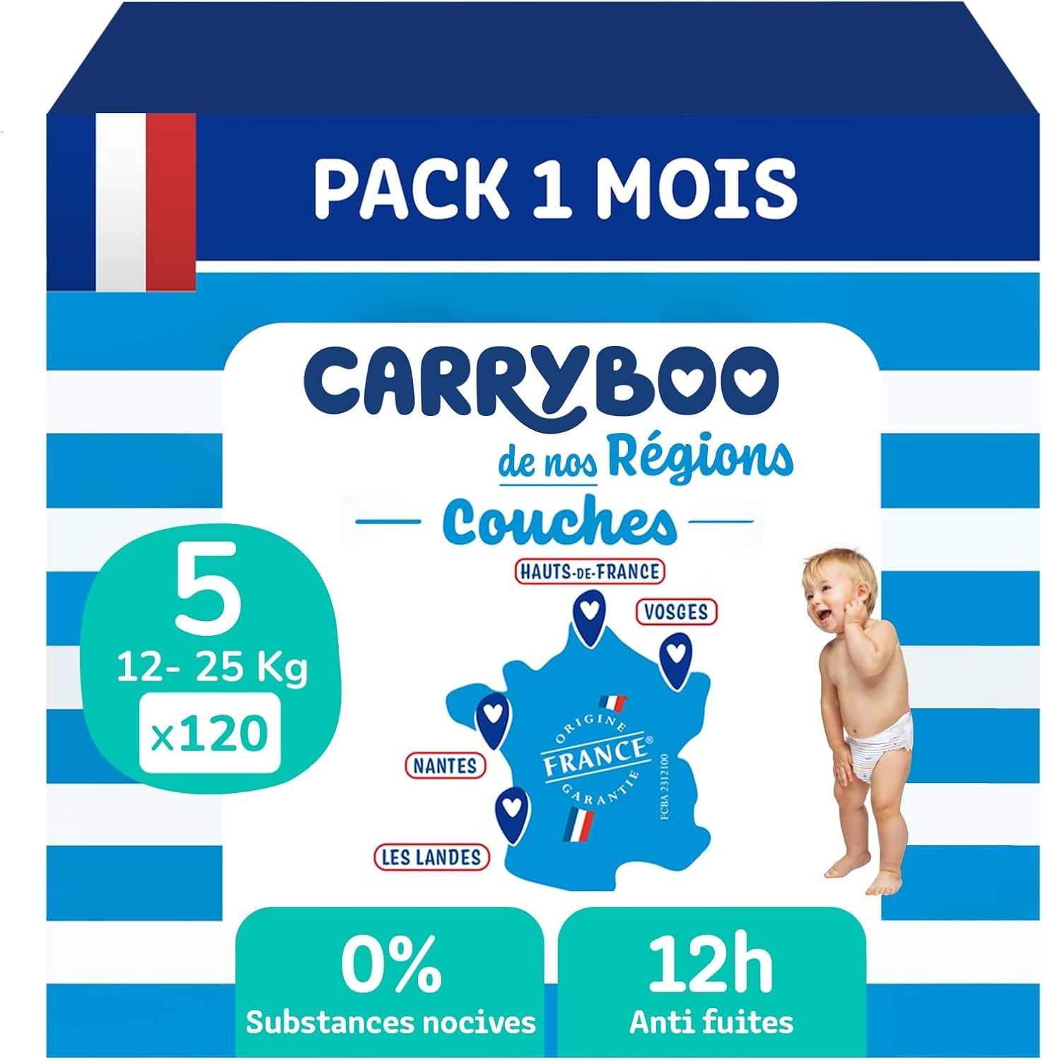 - Couches taille 5 (12-25 kg) - saines et très absorbantes - Protection contre les fuites 12 heures - sans substances indésirables - fabriquées en France - prix abordable - 120 couches jetables