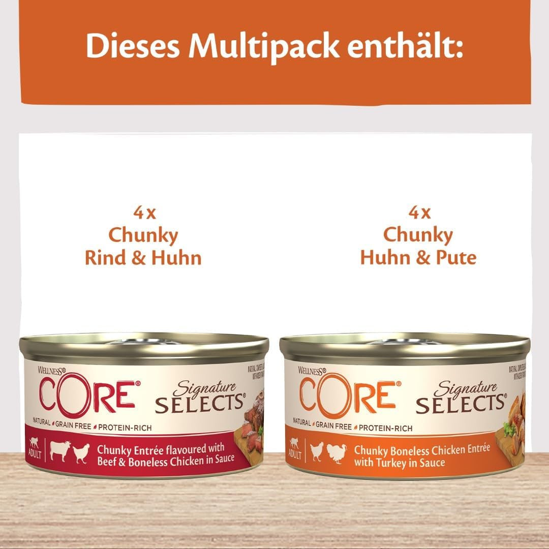 Wellness CORE Signature Selects 8 x 79g, Mélange Bœuf, Poulet et Dinde - Nourriture humide pour chats, délicieuses lanières en sauce, sans céréales, naturelle, hypoallergénique, riche en protéines, riche en viande