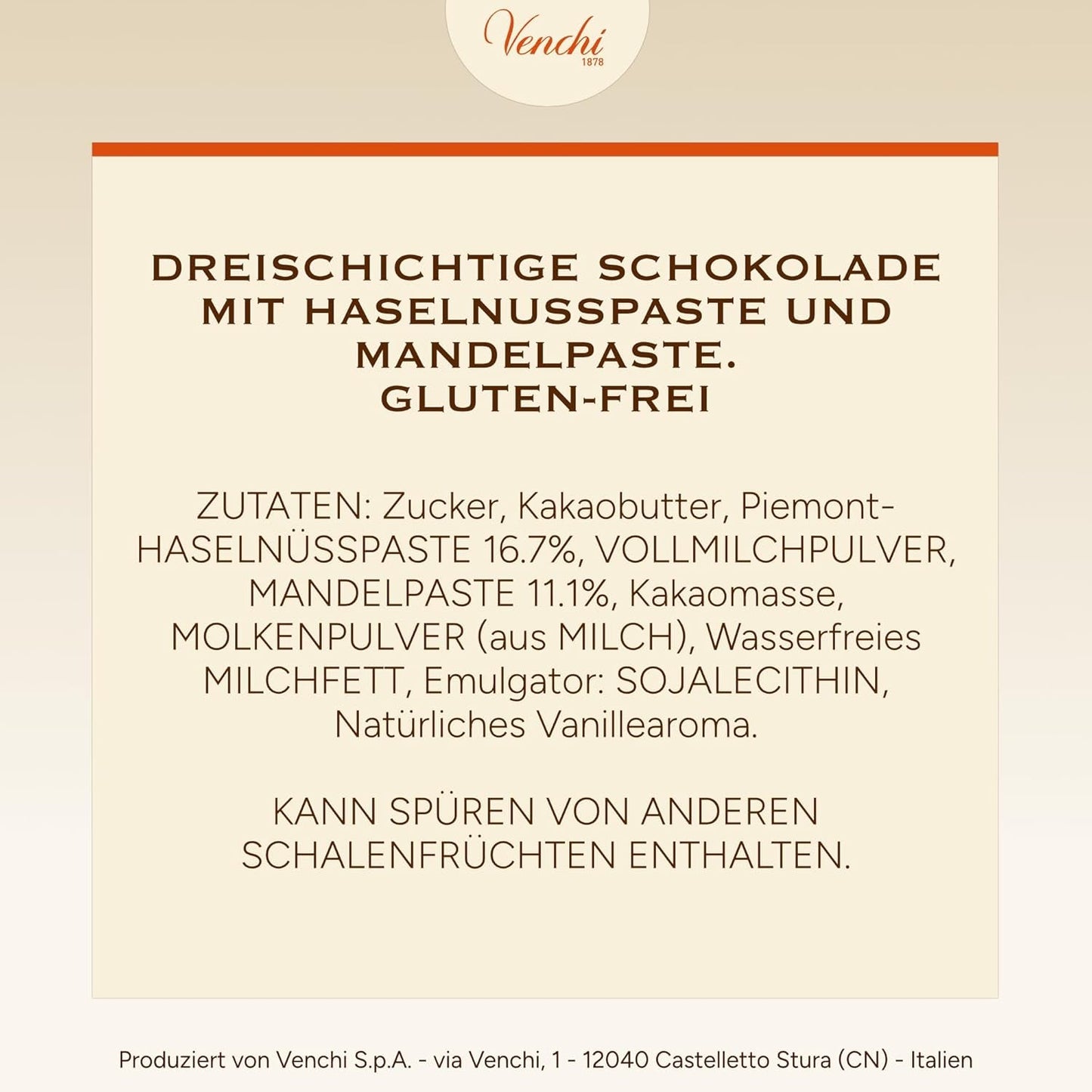 Venchi - Cremini 1878 - Chocolat trois couches au gianduja au lait et pâte d'amande, "Noisettes du Piémont IGP", 1 kg, sans gluten, sans colorants et sans conservateurs