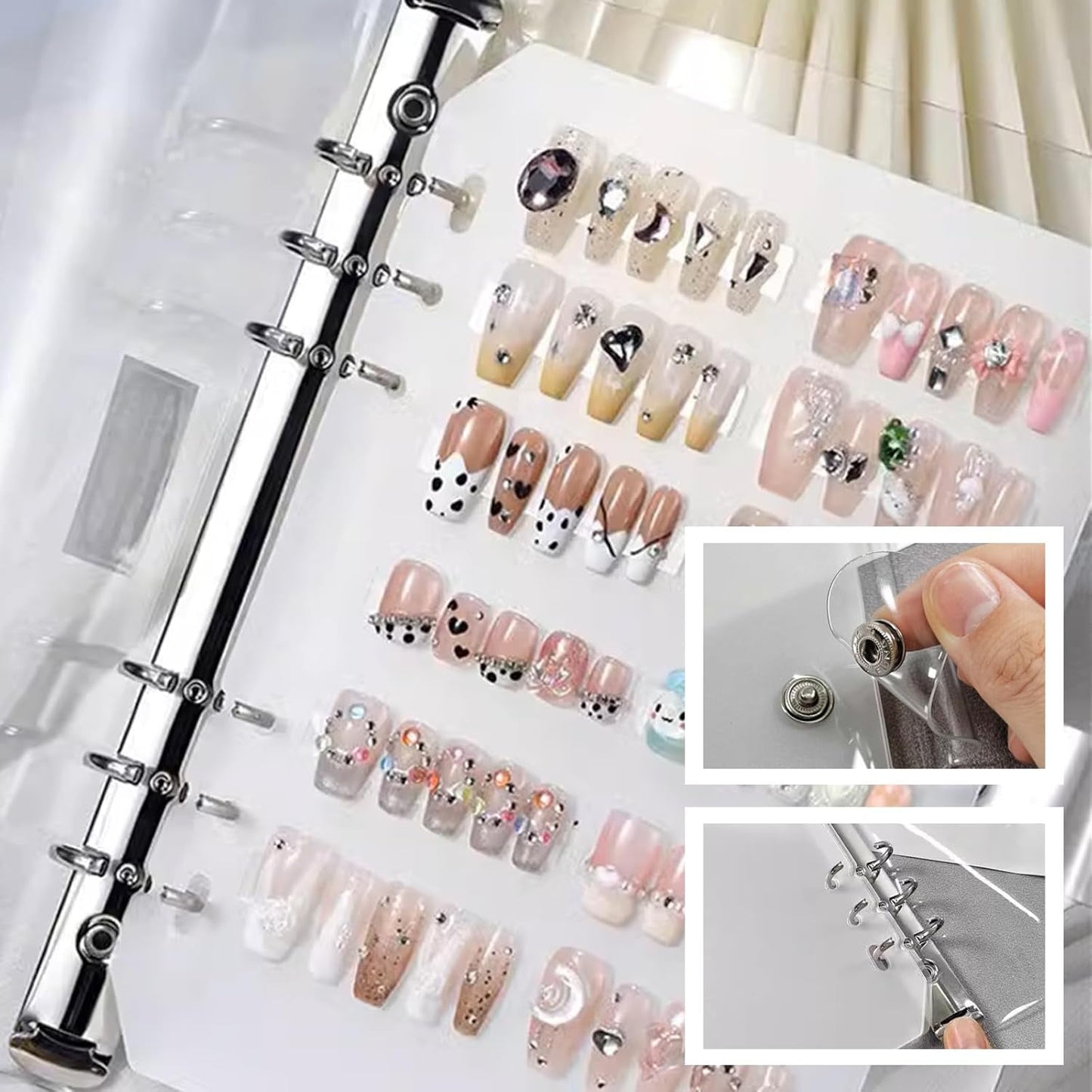 Ensemble de rangement pour ongles A5 avec fermeture à agrafes et feuilles amovibles – Boîte transparente robuste + 6 tampons adhésifs et livre de rangement amovible pour ongles artificiels/adhésifs – Idéal pour le rangement, la présentation