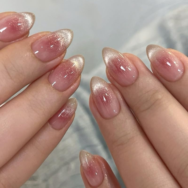 Moonglow Faux Ongles Magnétiques Courts, Rose Amande Rouge Dégradé Paillettes Oeil de Chat avec Colle, Rose Rouge Ombre Paillettes Photothérapie Ongles Artificiels pour Femmes et Filles