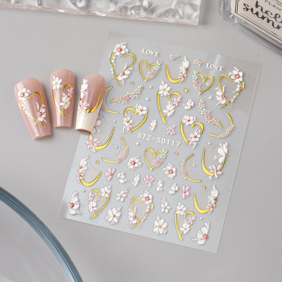 JMEOWIO 3D Nail Art Autocollant Fleur Nail Art Autocollant Selbstklebend Nagelaufkleber 5D Stéréoscopique Frühling Sommer Floral Décoration Nageldesign Zubehör 4 Blatt