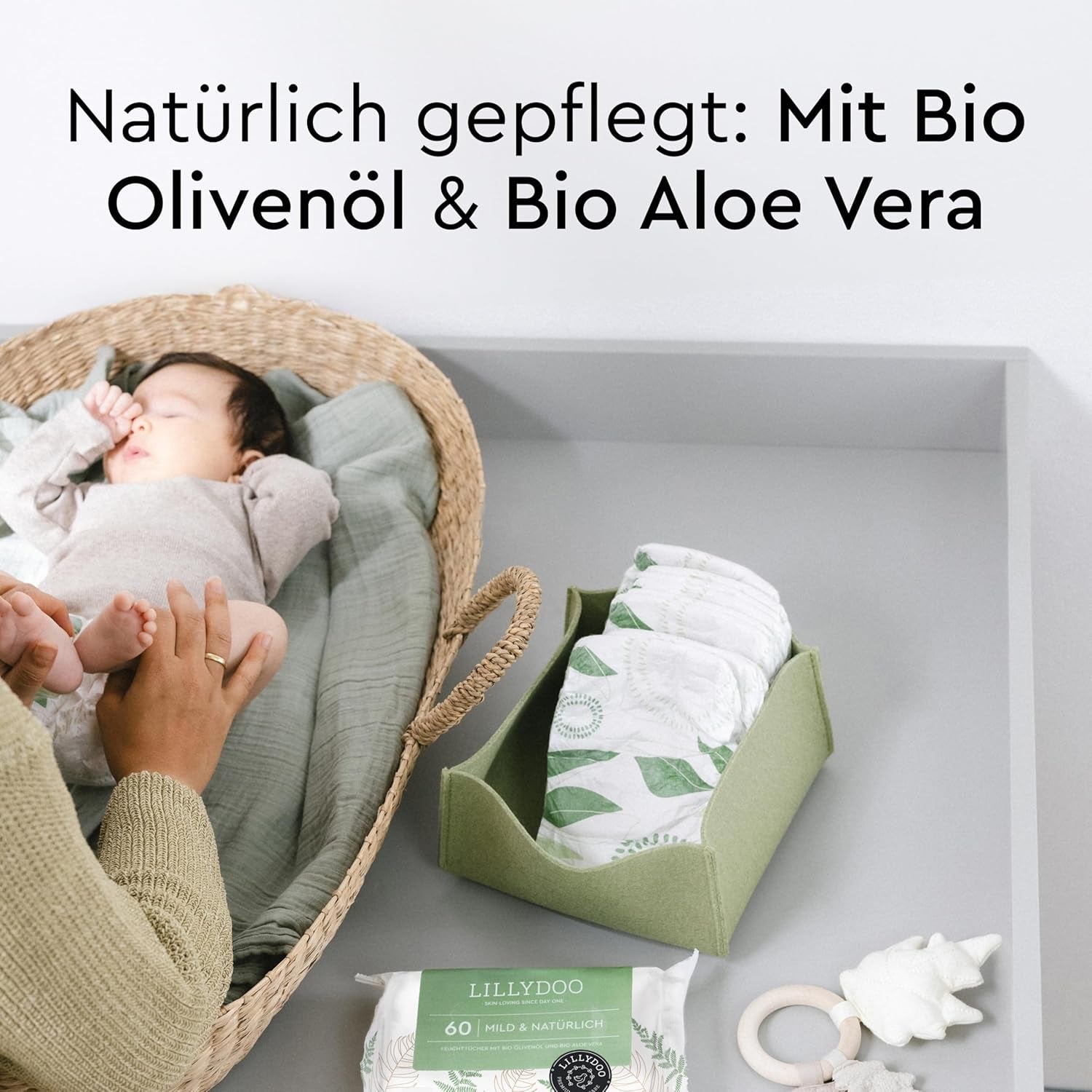 LILLYDOO Lingettes humides vertes, 600 unités (10 x 60), 100 % sans plastique, résistantes aux déchirures – Sans parfum, douces et naturelles, nettoyage doux pour les peaux sensibles, testées dermatologiquement