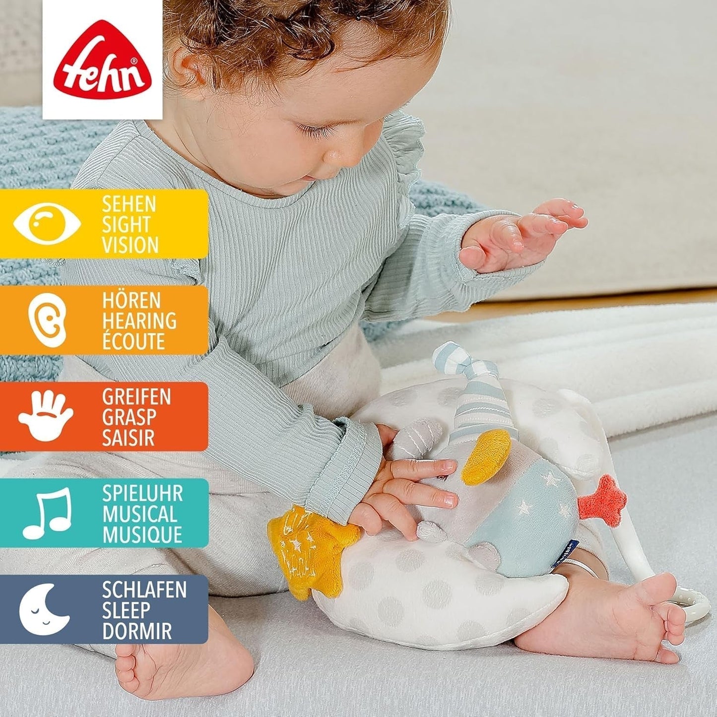 Fehn boîte à musique bébé éléphant dans la lune - broderie "Glow-in-the-dark" avec la chanson "La lune s'est levée" - peluche pour vous aider à vous endormir - jouet pour les enfants en déplacement et à la maison - à partir de 0 mois Baby Toys Naty Shop