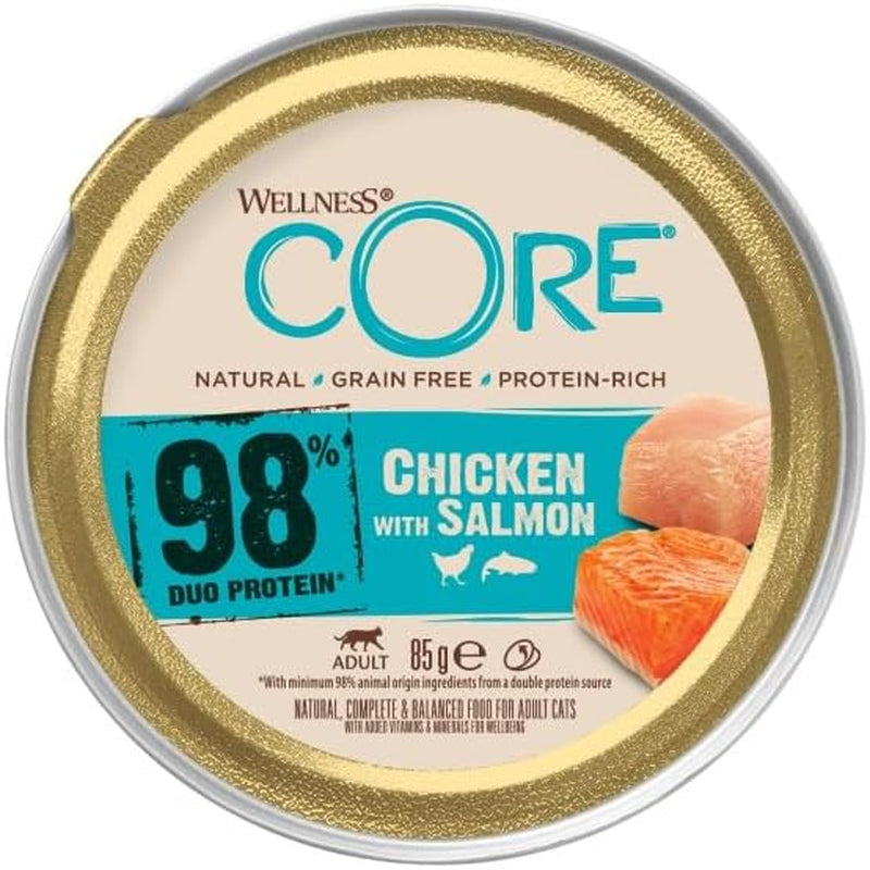 Wellness CORE 98% 12 x 85g, Poulet et Saumon - Nourriture humide pour chats, pâté épais, sans céréales, naturelle, hypoallergénique, riche en protéines, riche en viande