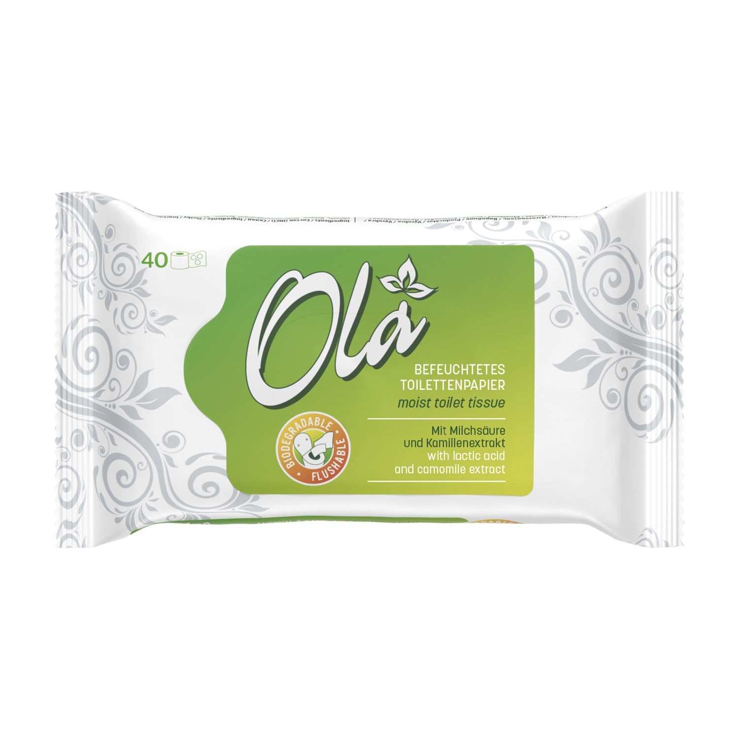Papier toilette humide OLA - (1X40 pièces) Lingettes humides - extrait de camomille et acide lactique, lavables, peaux sensibles - 40 pièces