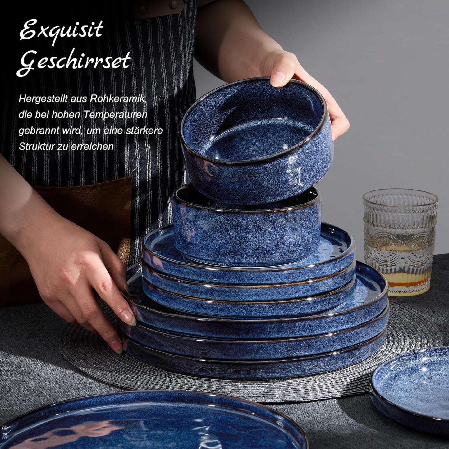 Homikit Service de table 12 pièces pour 4 personnes, service de table combiné avec assiettes, assiettes à dessert et bols à céréales, passe au micro-ondes et au lave-vaisselle, bleu élégant