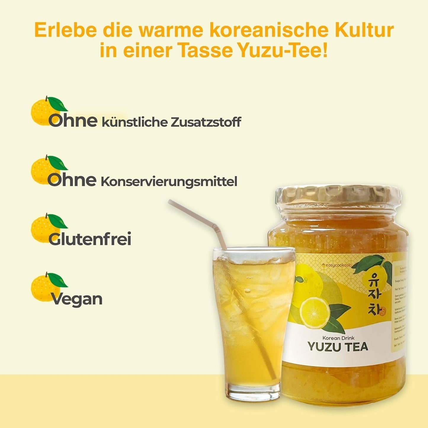 Boisson coréenne Easycookasia – Thé Yuzu | Fruité, sucré et citronné | Avec de la vitamine C | Pour le thé, la limonade, les cocktails et les desserts | Découvrez la culture asiatique du thé (500g)