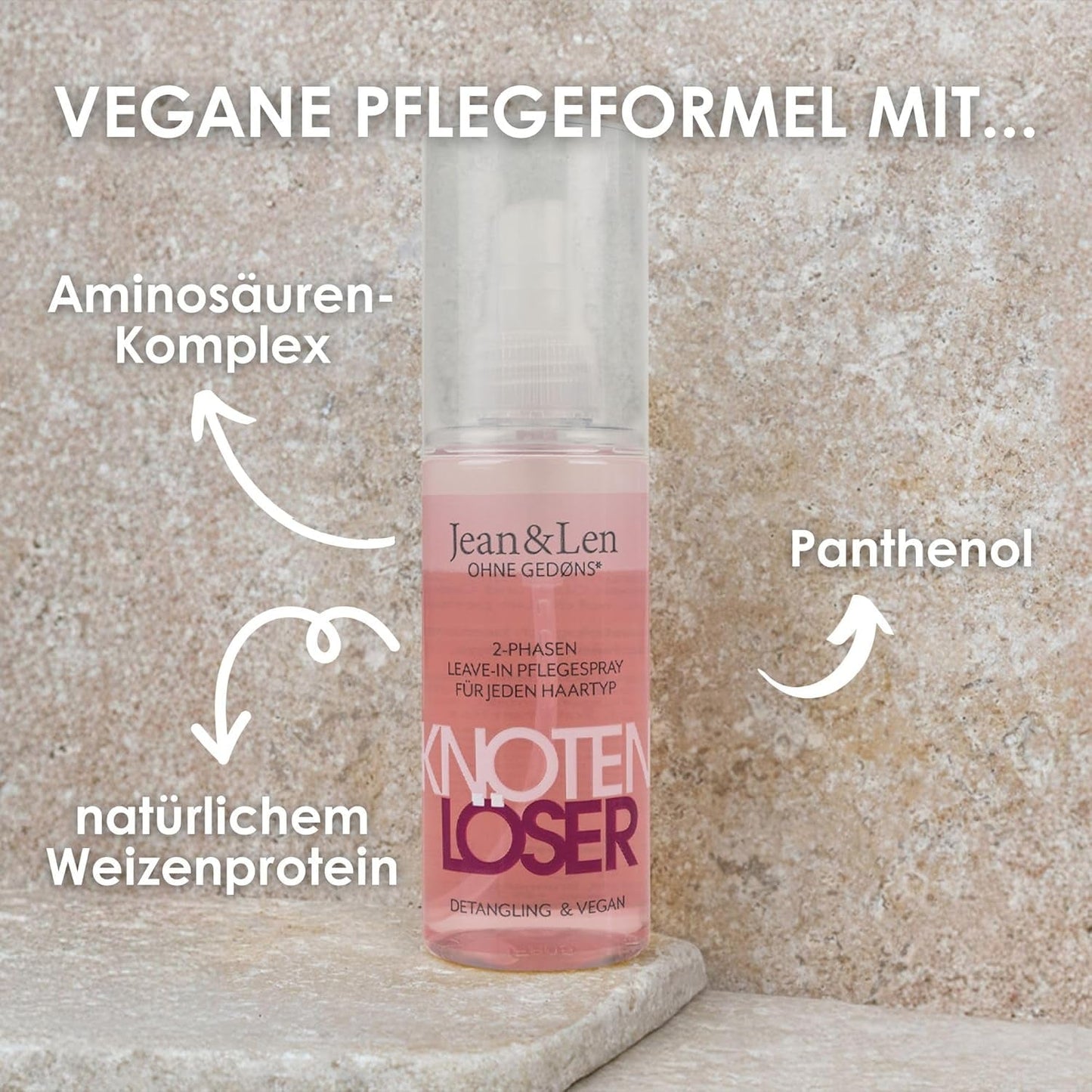 Jean & Len Knot Remover Spray revitalisant 2 phases sans rinçage, adapté à tous les types de cheveux, démêle les cheveux et améliore la peignabilité, parfum frais, démêlant, sans silicone ni parabène, végétalien, 100 ml Produits démêlants Naty Shop