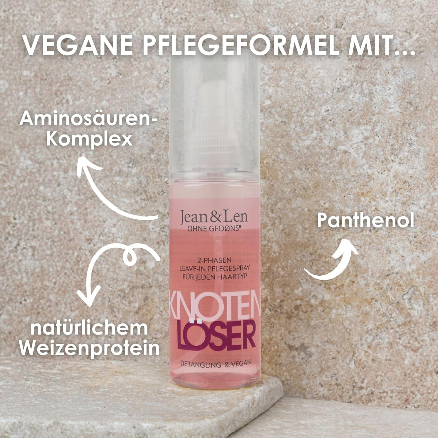 Jean & Len Knot Remover Spray revitalisant 2 phases sans rinçage, adapté à tous les types de cheveux, démêle les cheveux et améliore la peignabilité, parfum frais, démêlant, sans silicone ni parabène, végétalien, 100 ml Produits démêlants Naty Shop
