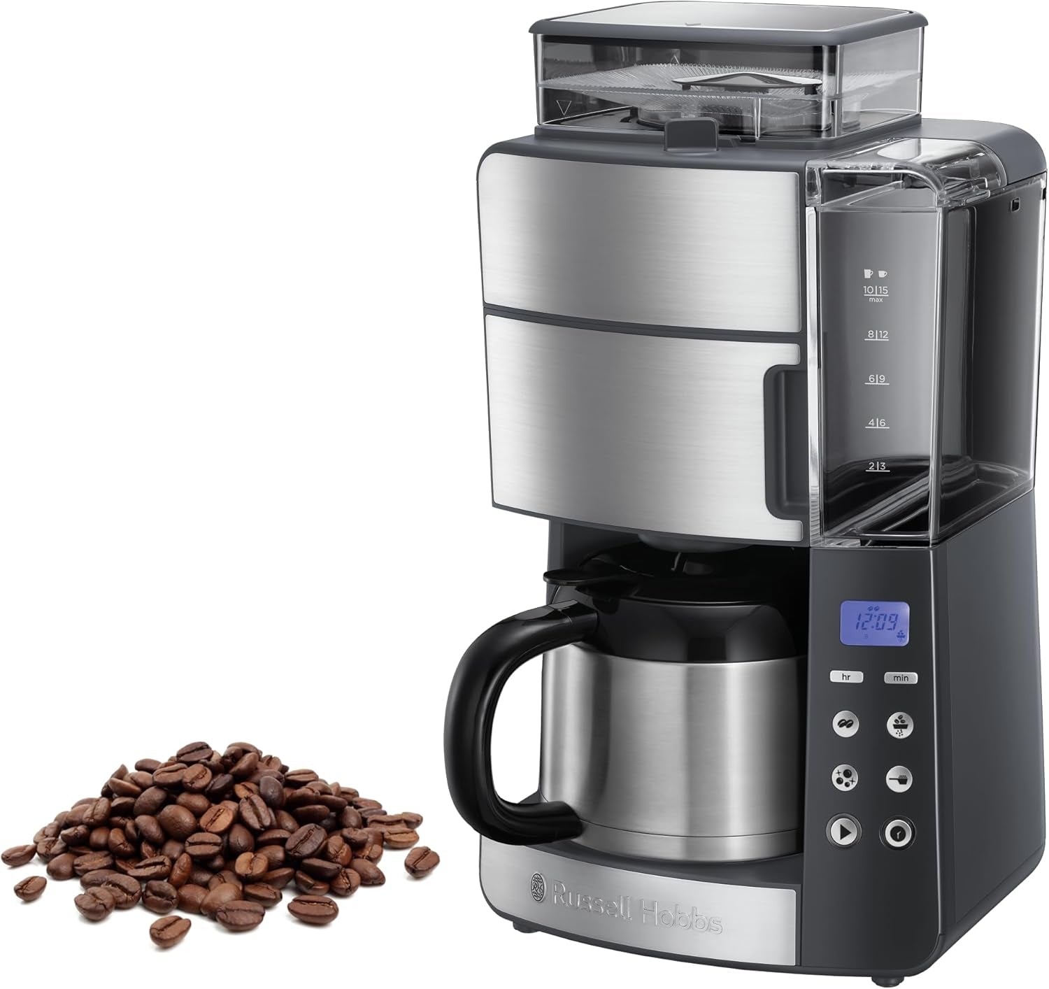 Russell Hobbs Cafetière avec moulin et carafe thermique [minuterie numérique, pomme de douche pour une extraction et un arôme optimaux] Grind&Brew (1-10 tasses, 3 réglages de mouture) Cafetière à filtre 25620-56